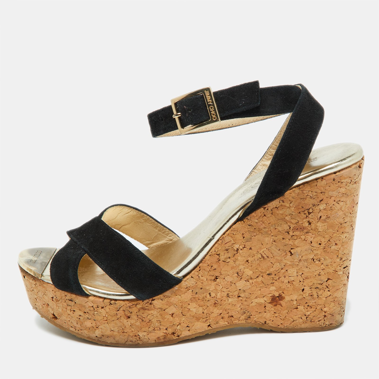 Jimmy Choo Black Suede Cork Wedge Ankle Strap Sandals Size 38