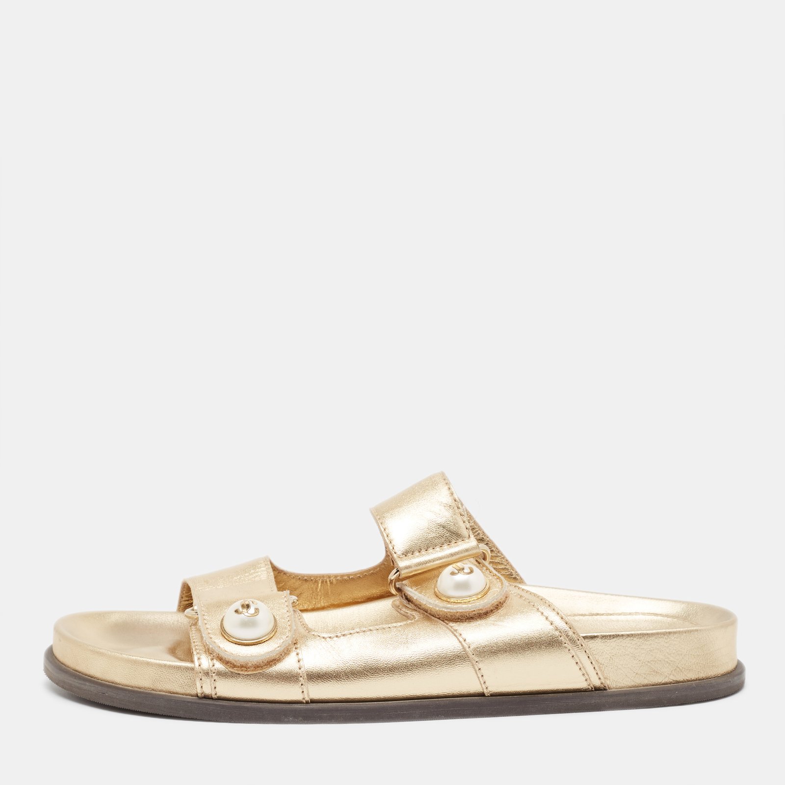 Jimmy Choo Metallic Gold Leather Flat Slides Size 38