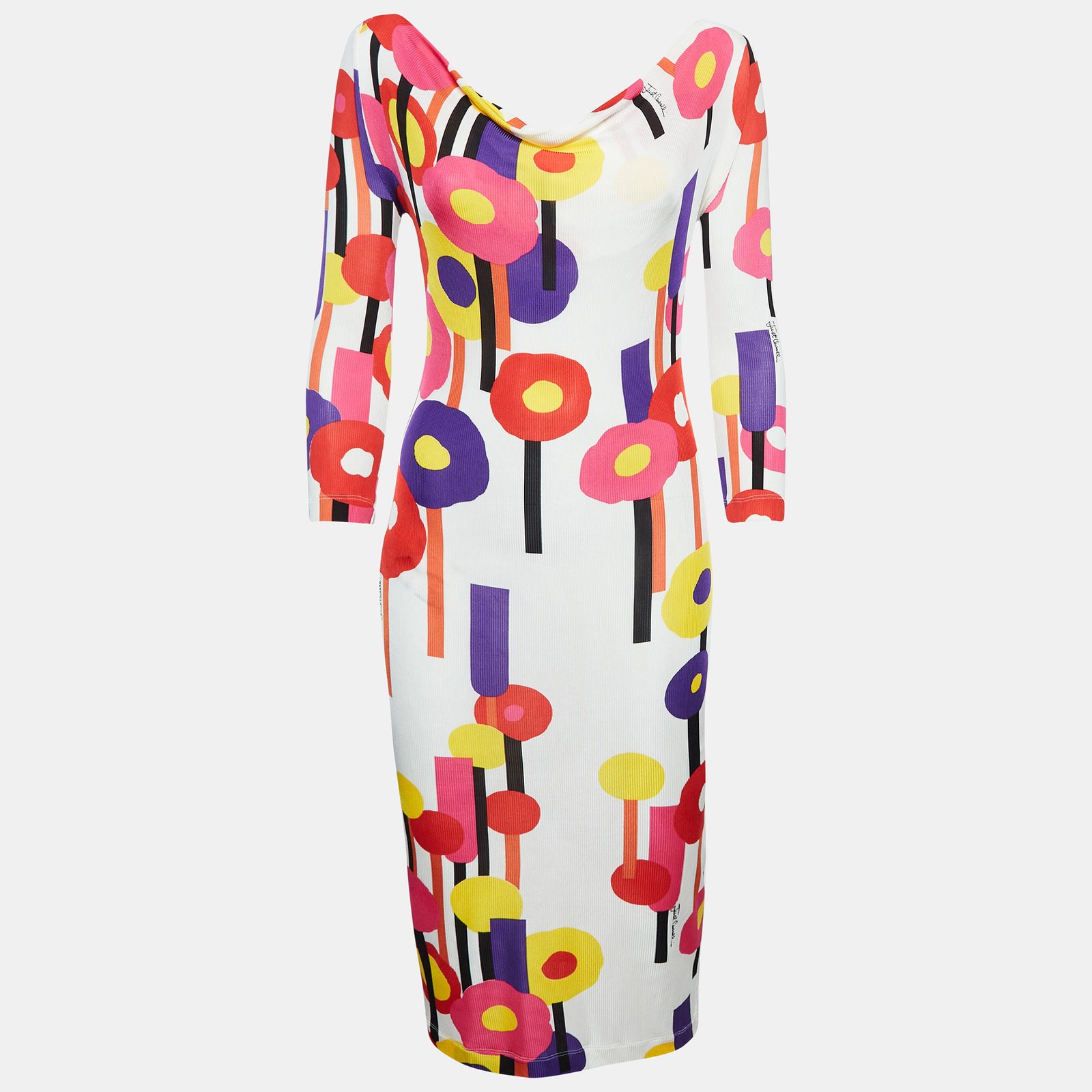 Just Cavalli White Floral Print Stretch Knit Midi Dress S