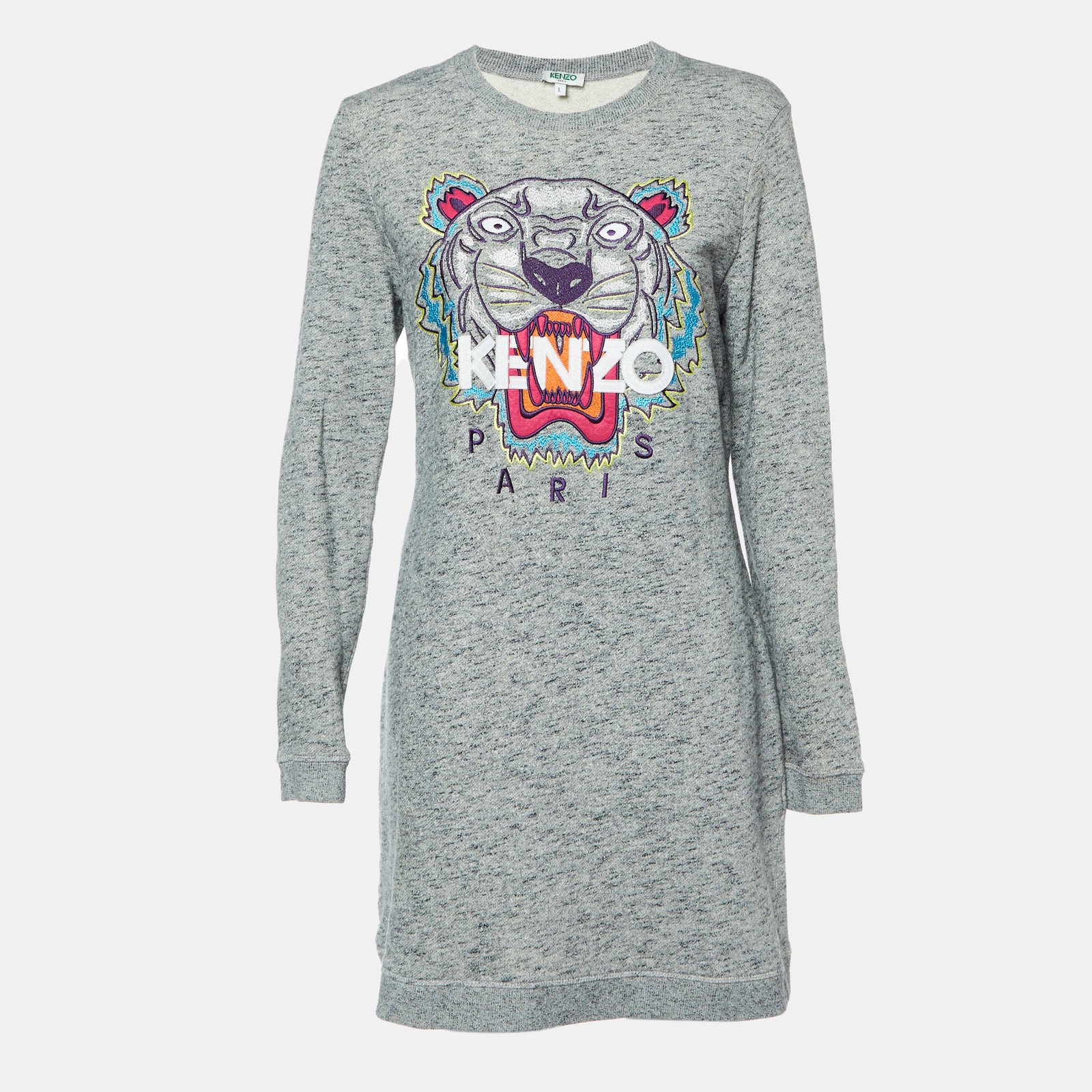 Kenzo Grey Melange Knit Tiger Embroidered Sweater Dress L