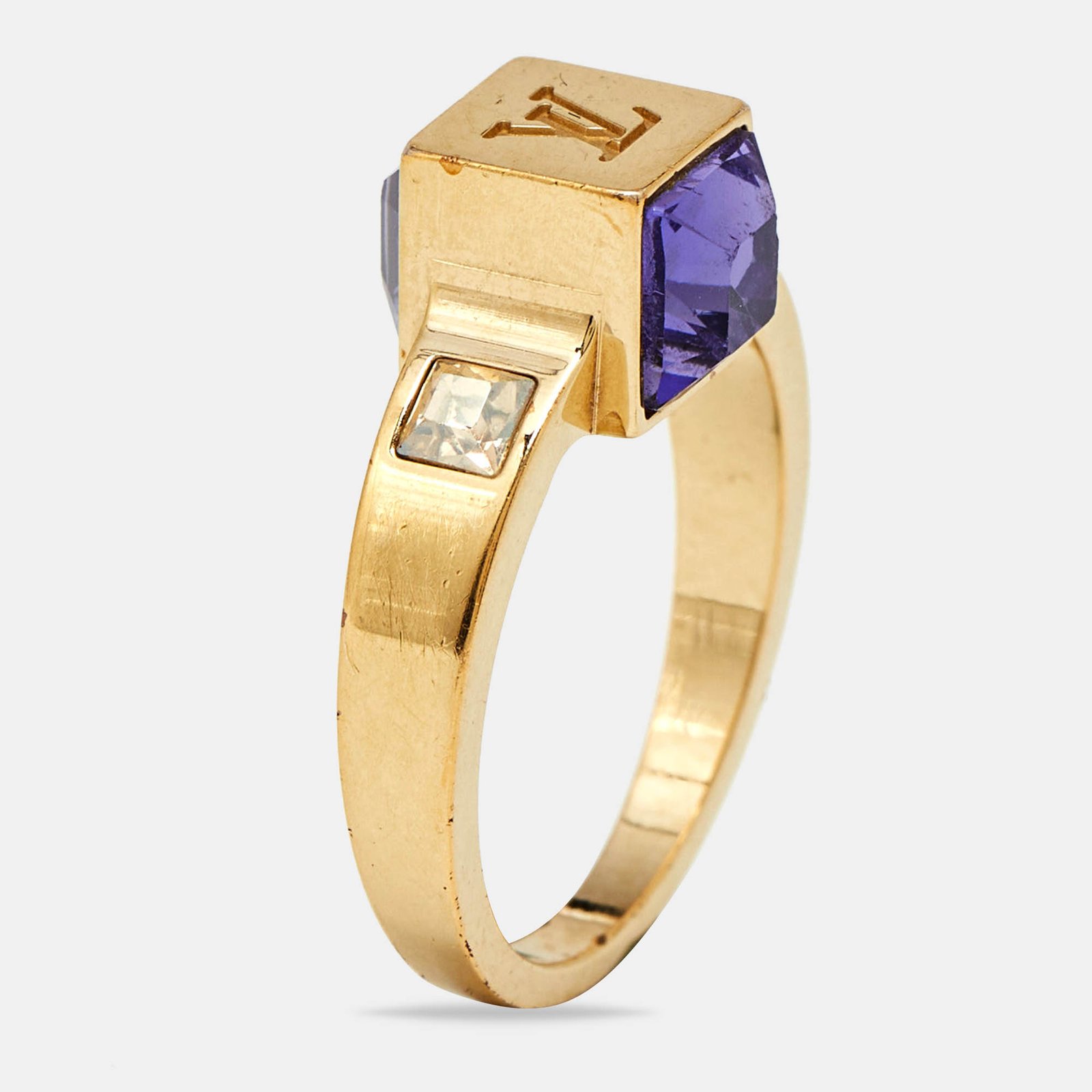 Louis Vuitton Gamble Crystal Gold Tone Ring Size 56