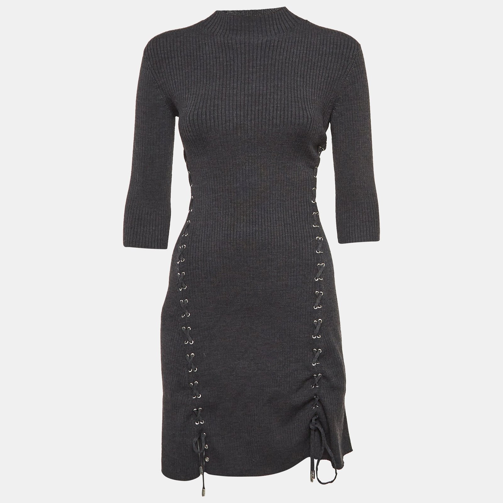 Maje Grey Rib Knit Laced Eyelet Detail Mini Dress S