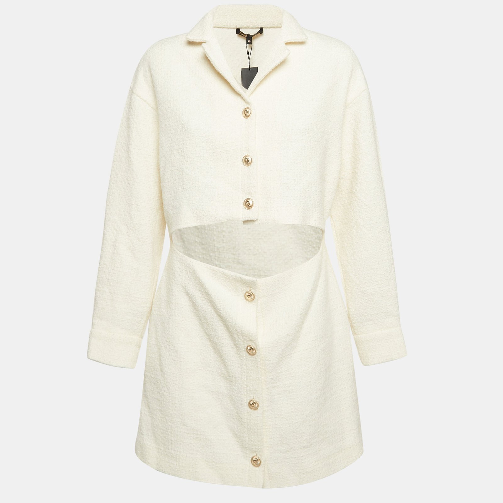 Maje White Tweed Open Front Detail Mini Dress L