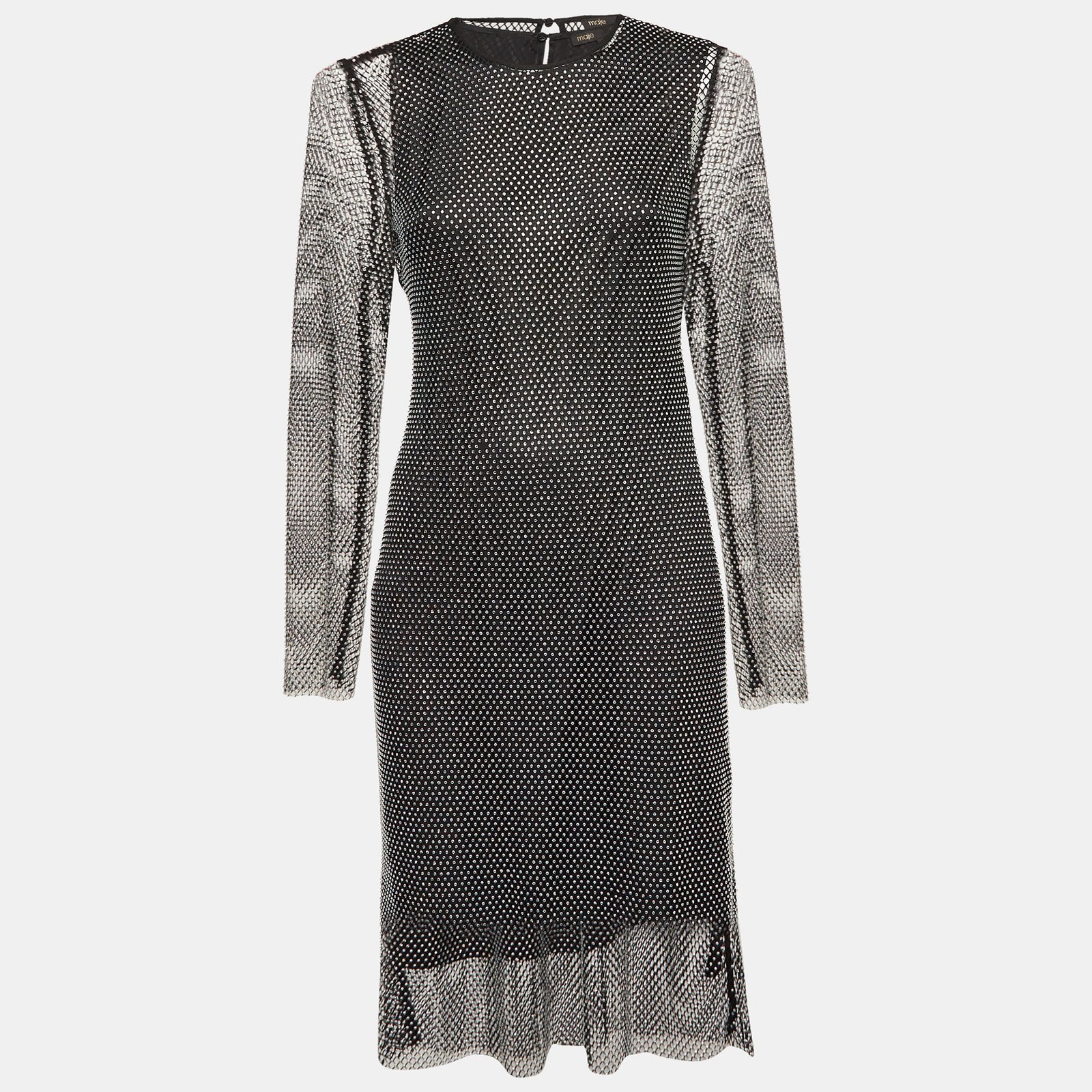 Maje Black Rhinestone Embellished Mesh Mini Dress XL