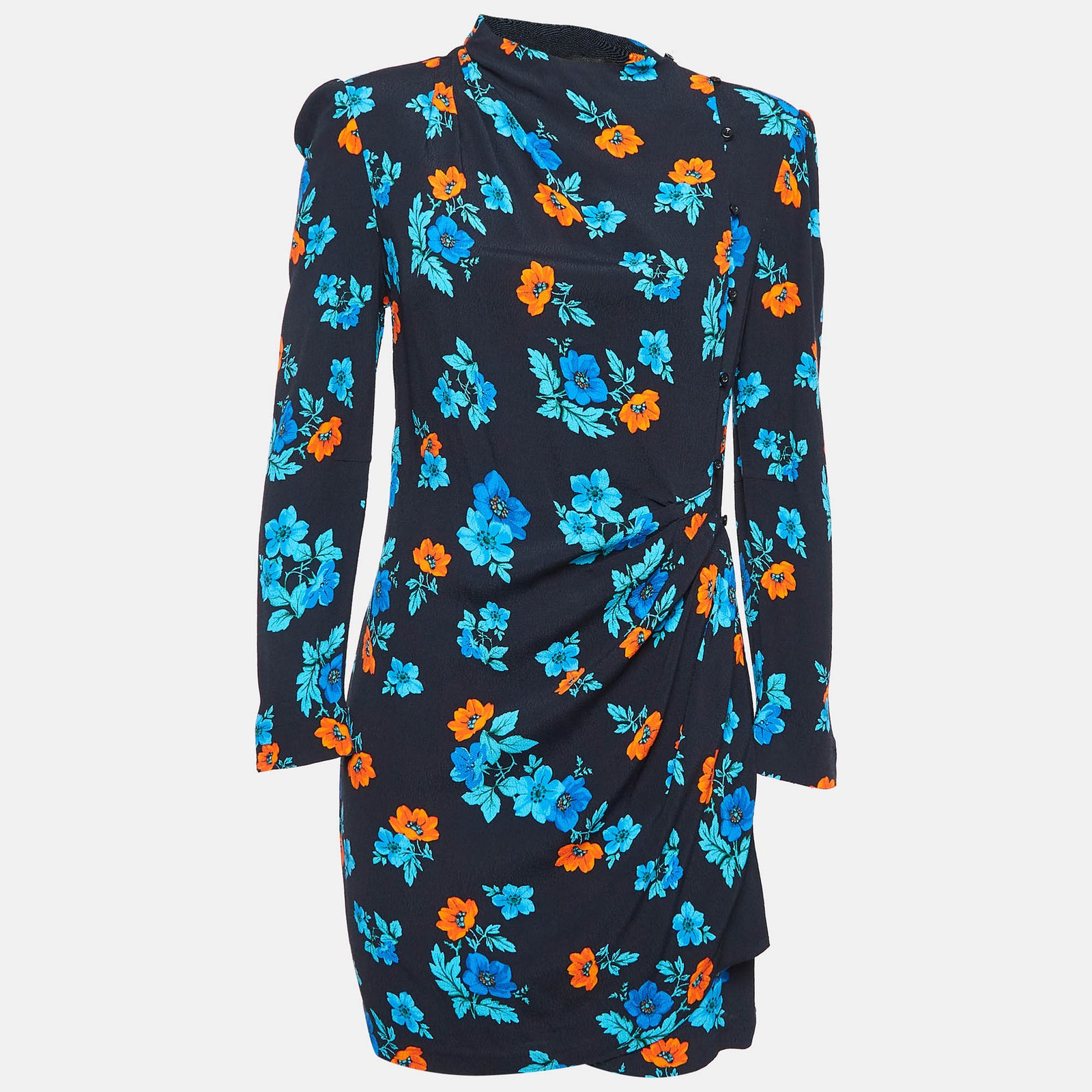 Maje Black Floral Print Crepe Ruched Mini Dress L