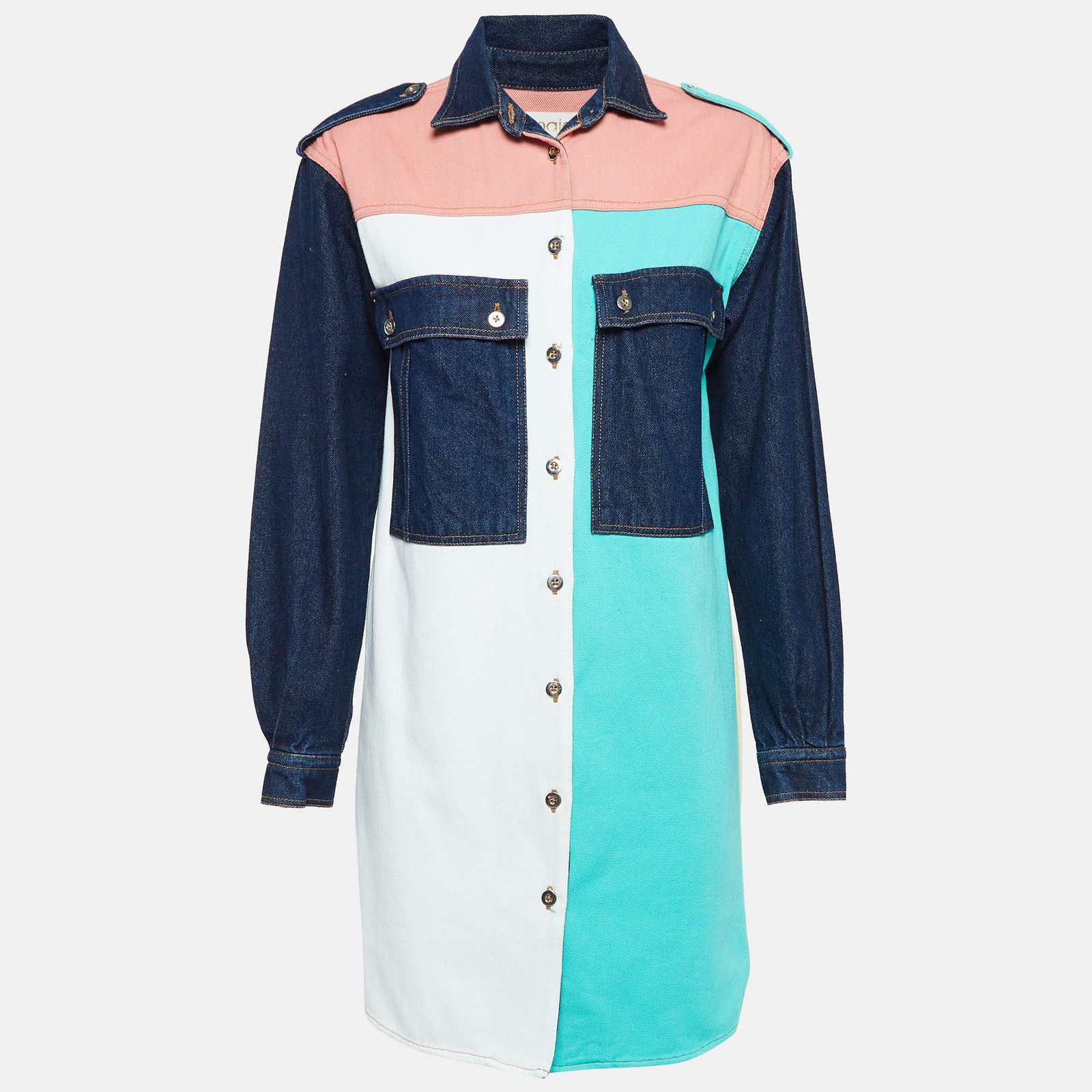 Maje Colorblocked Denim Buttoned Short Dress S