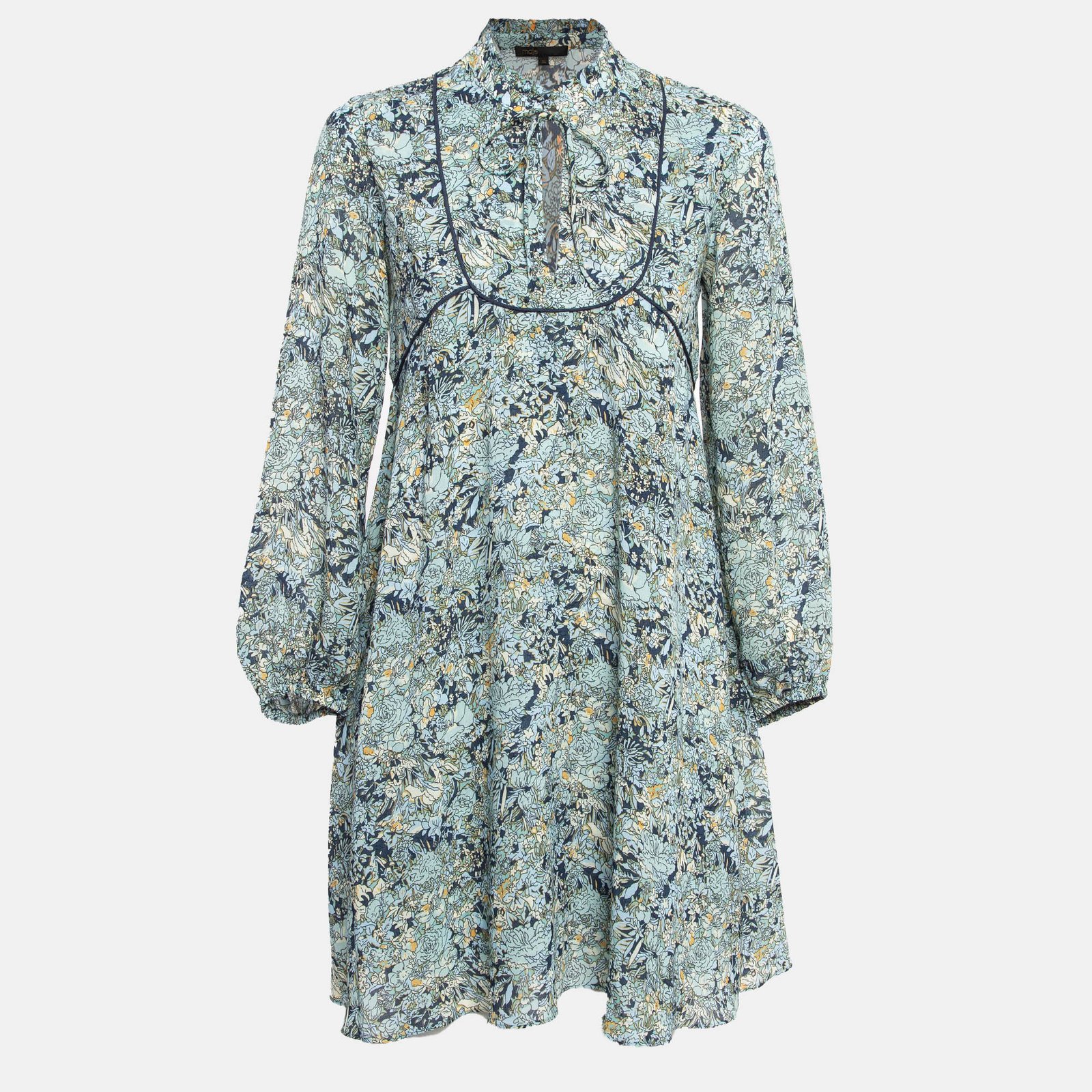 Maje Blue Printed Crepe Neck Tie-Up Mini Dress XS