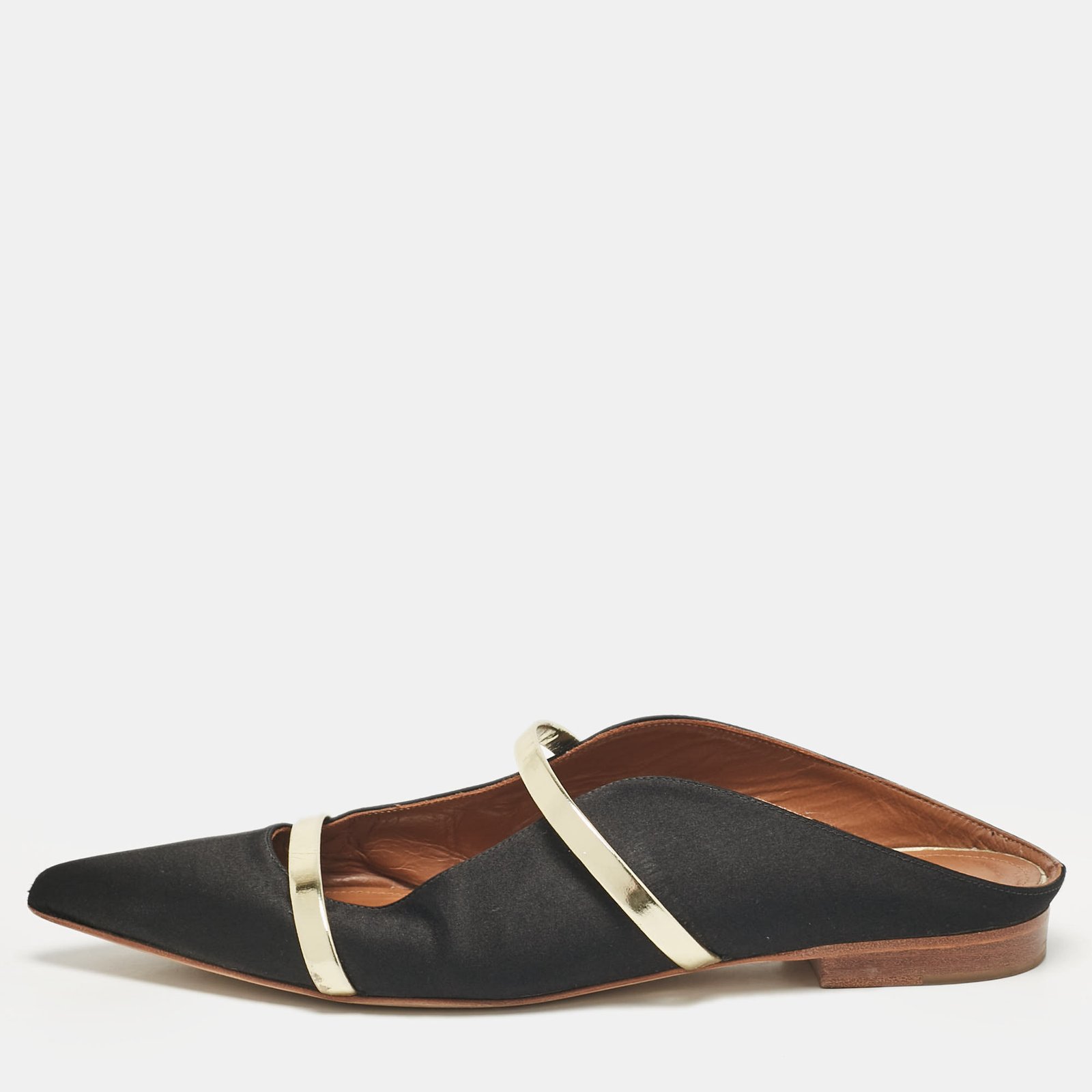Malone Souliers Black Satin and Leather Maureen Flat Slides Size 37.5