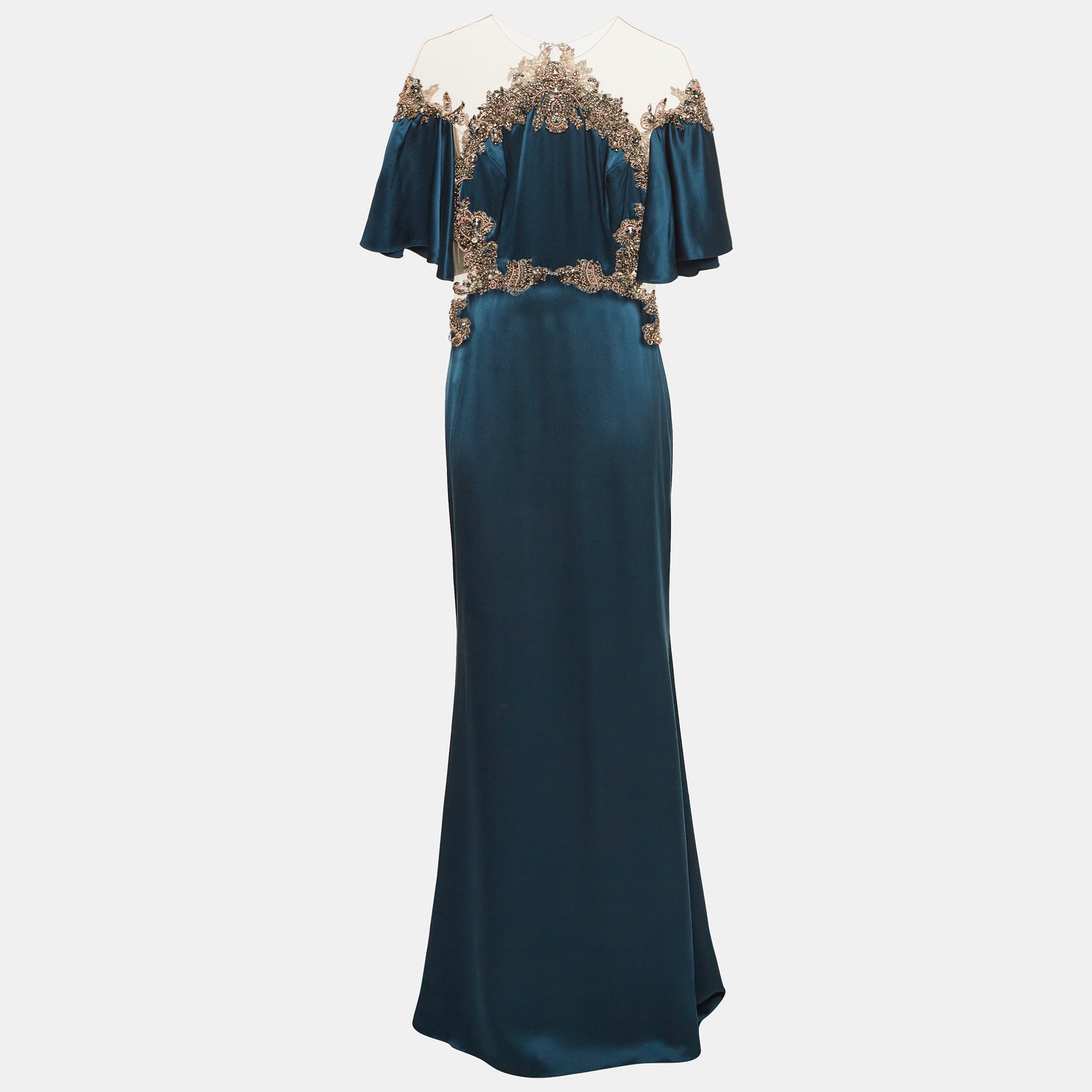 MARCHESA VOYAGE Blue Crystal Embellished Silk Satin Gown S