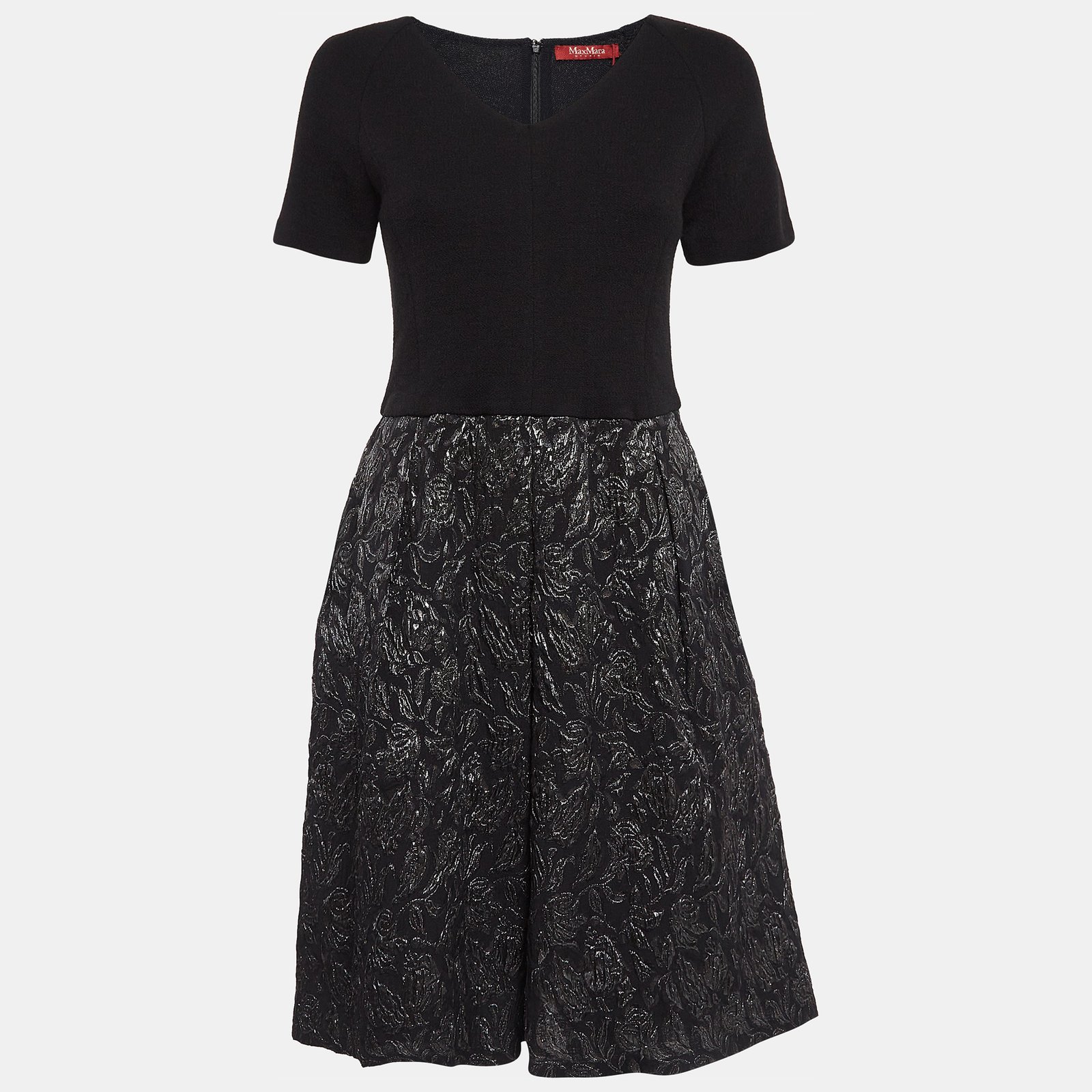 Max Mara Black Wool Blend and Floral Jacquard Short Dress L