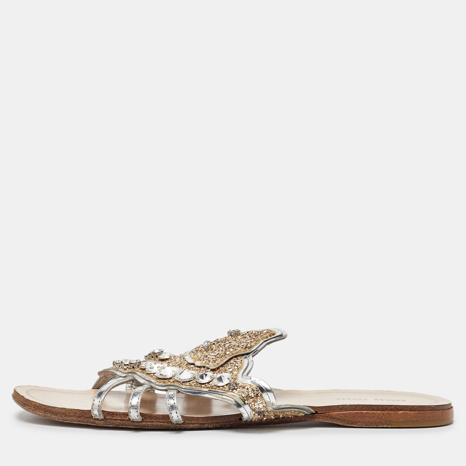 Miu Miu Silver Leather Crystal Embellished Flat Slides Size 37.5