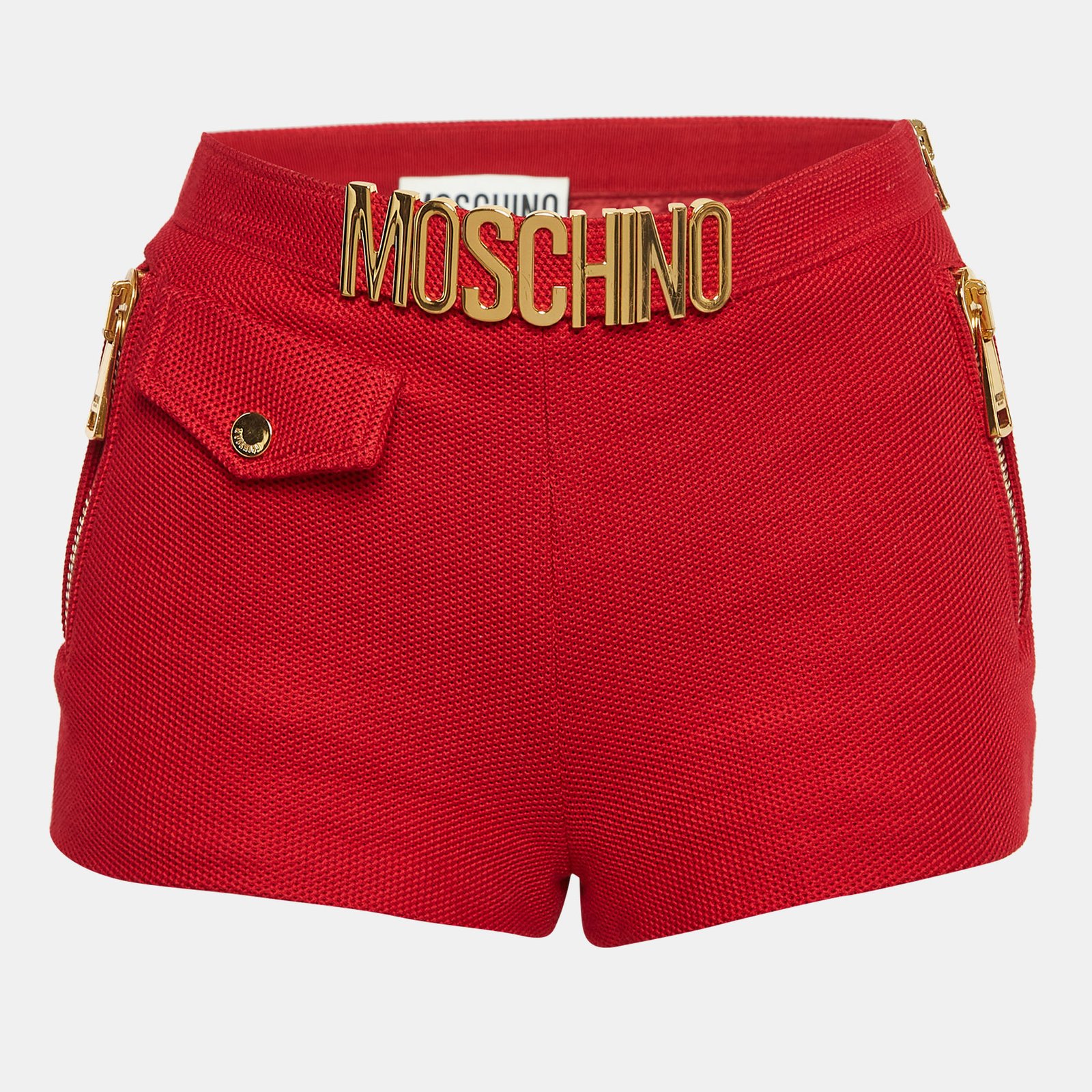 Moschino Red Textured Cotton Logo Metal Detail Shorts S