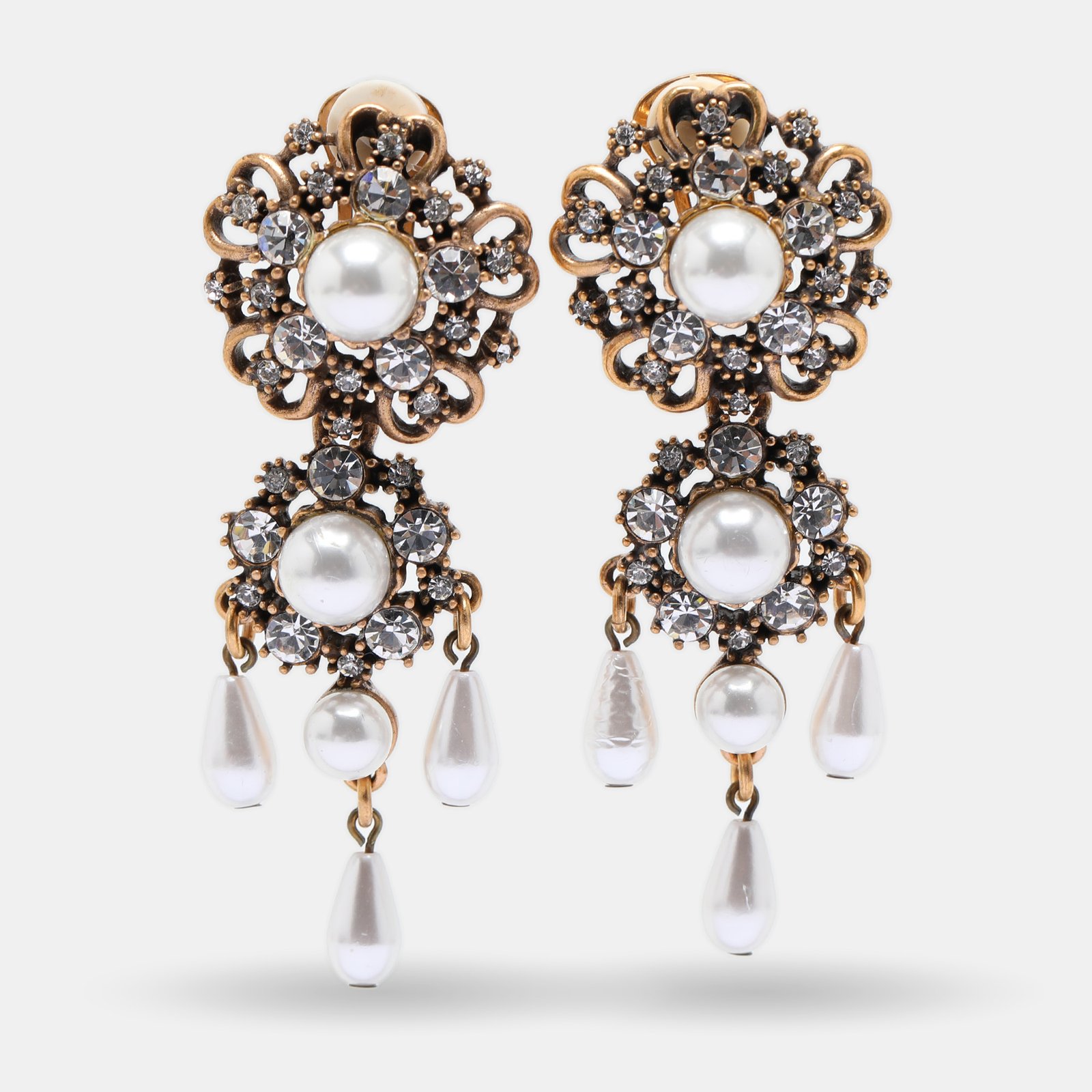 Oscar de la Renta Gold Tone Faux Pearland Crystals Embellished Earrings
