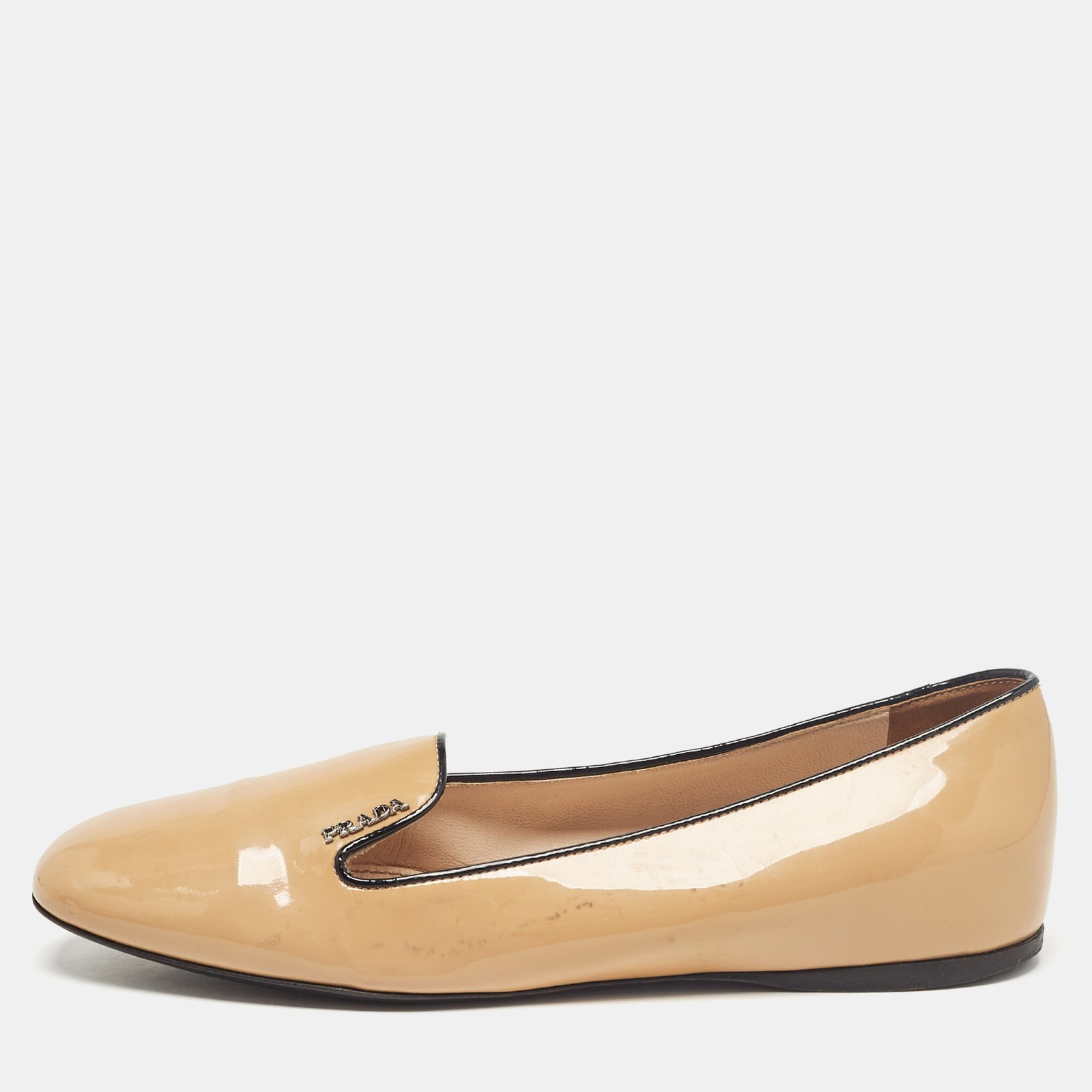Prada Beige Patent Leather Smoking Slippers Size 36.5