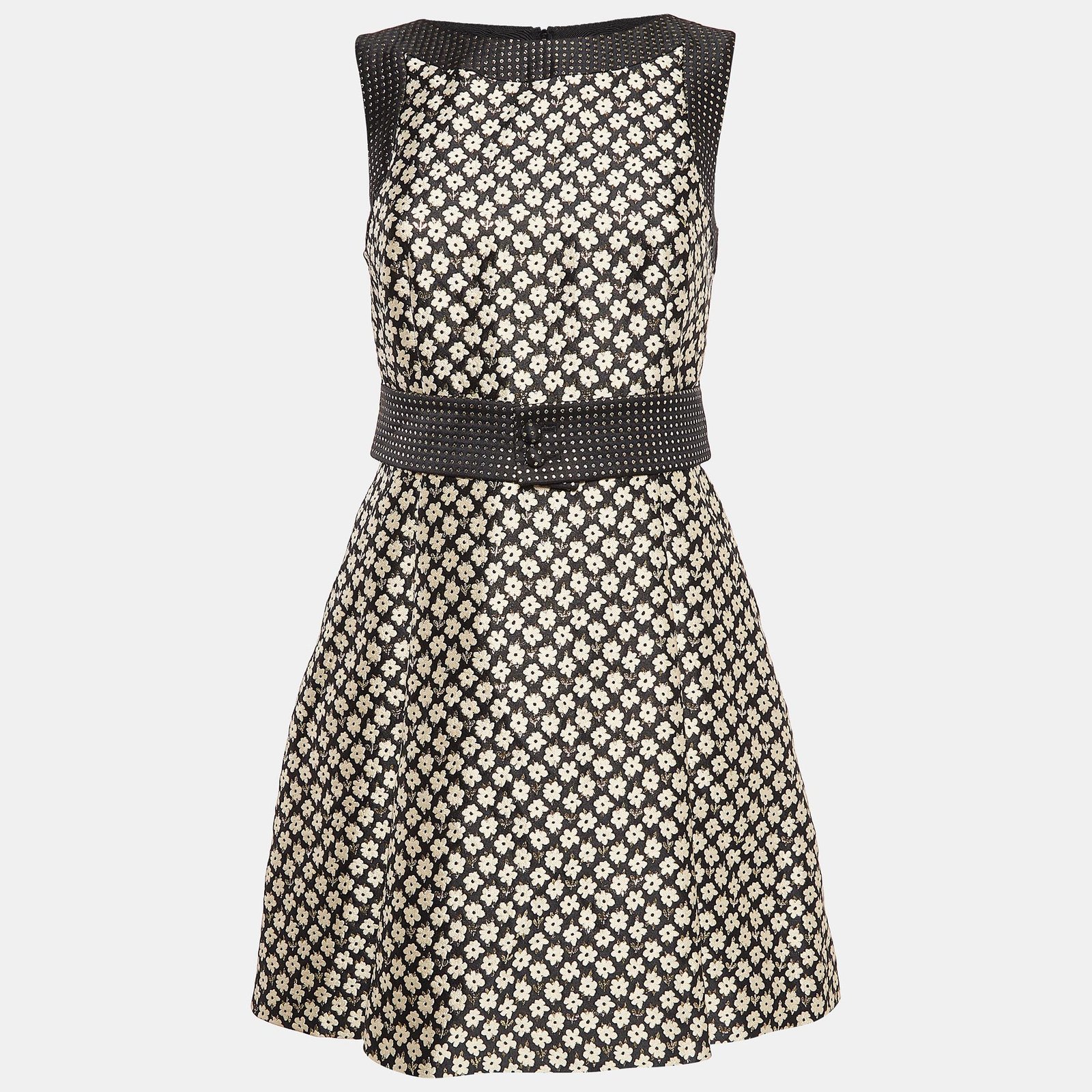 RED Valentino Black/Gold Floral Jacquard Belted Mini Dress S