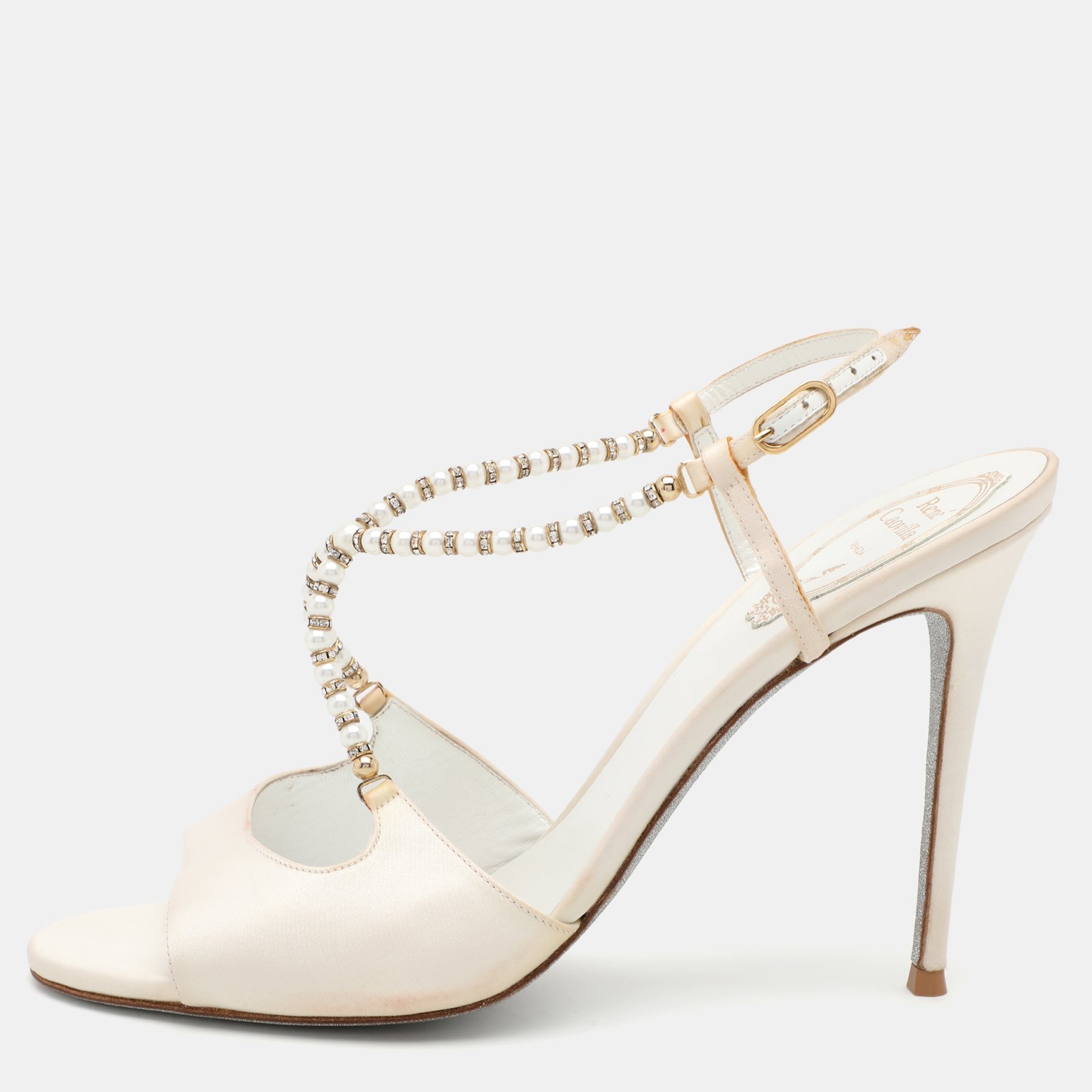 René Caovilla White Satin Embellished Slingback Sandals Size 40