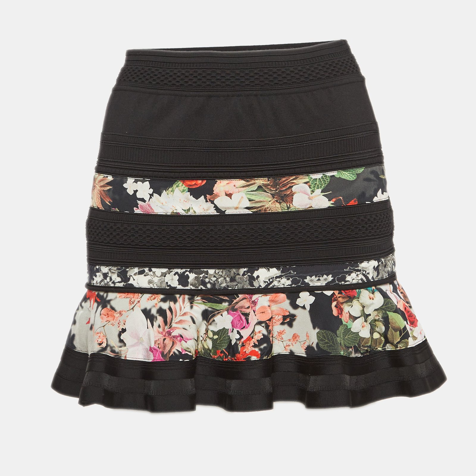Roberto Cavalli Black Floral Printed Knit Flared Mini Skirt S