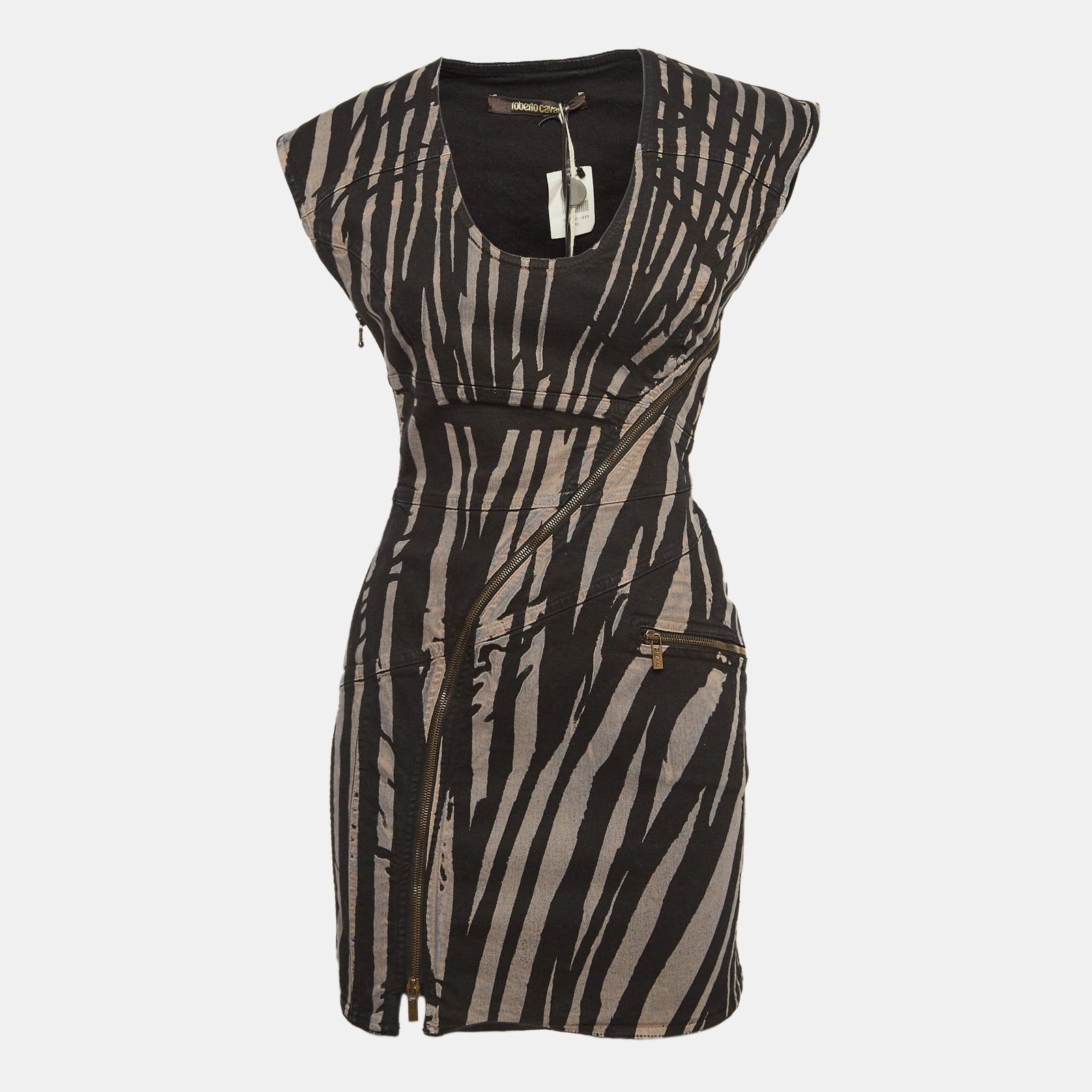 Roberto Cavalli Black Zebra Print Denim Zip Detail Mini Dress S