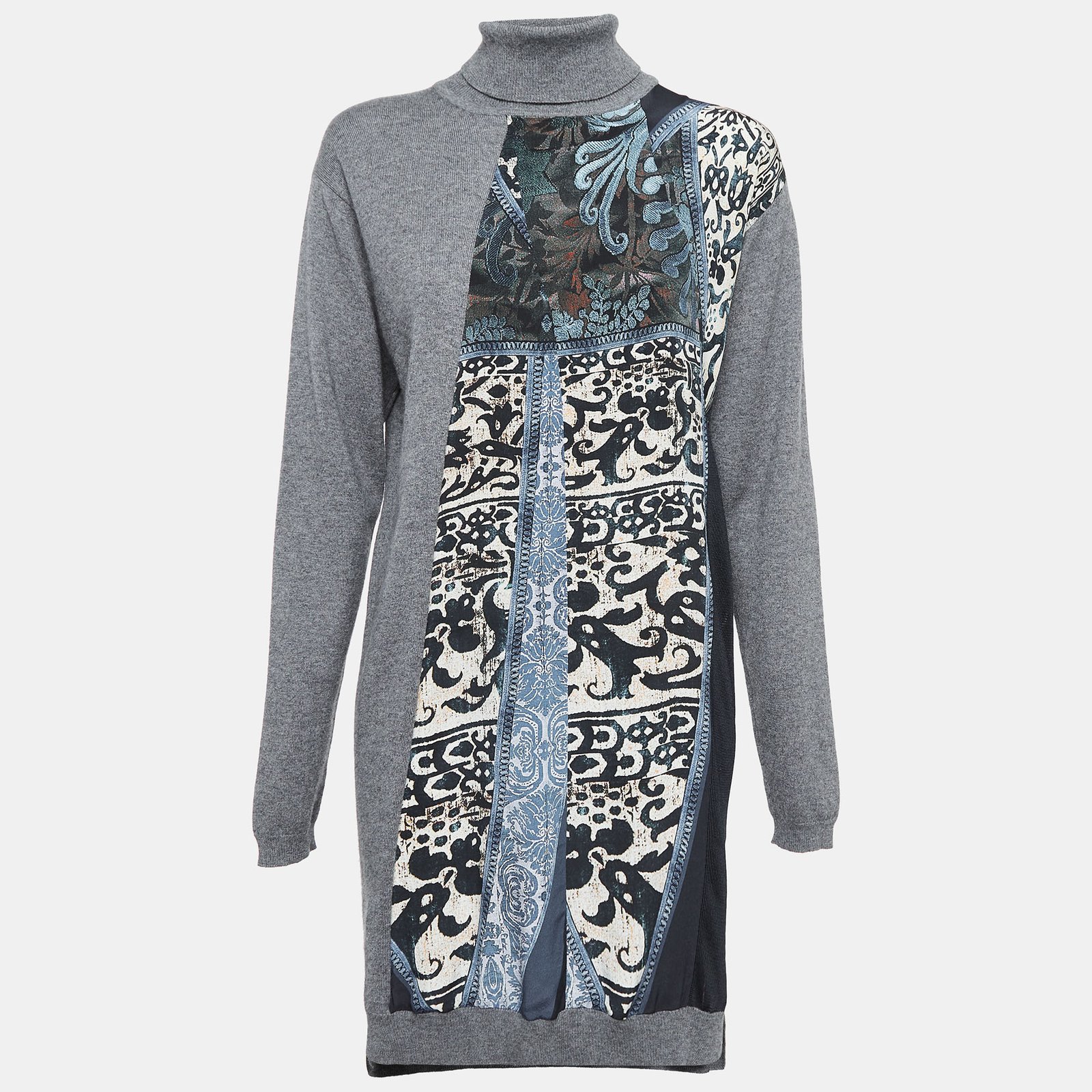 Roberto Cavalli Grey Printed Silk and Knit Turtle Neck Short Dress M