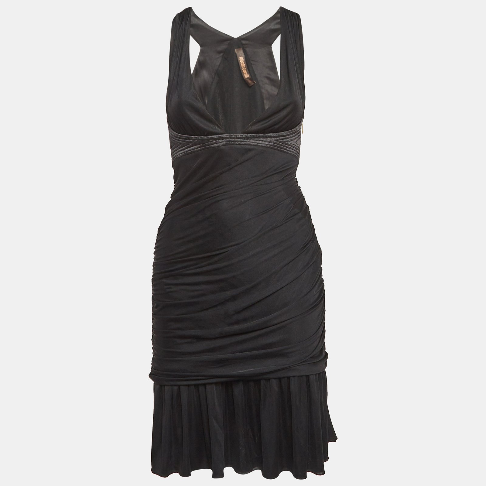 Roberto Cavalli Black Stretch Crepe Ruche Midi Dress S