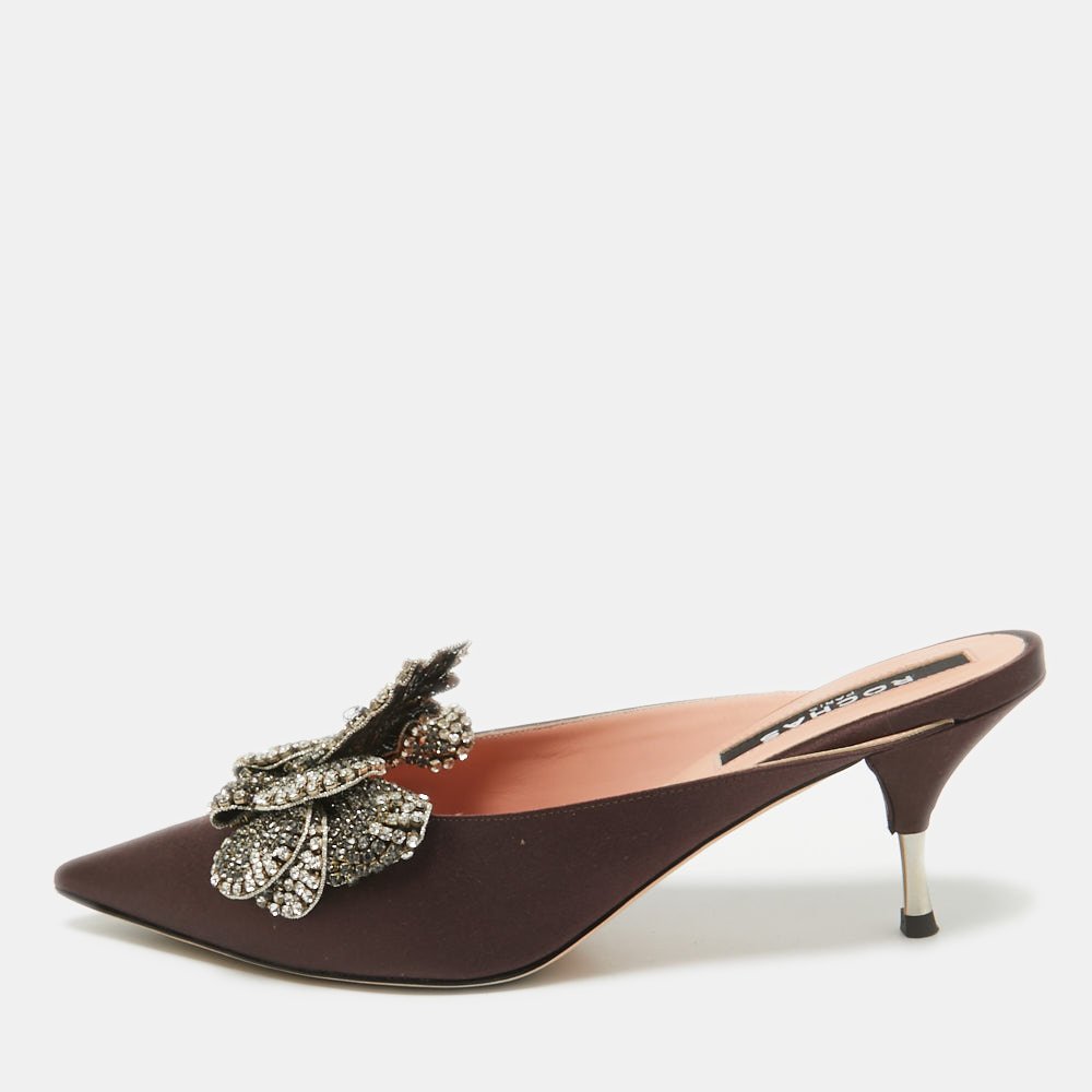 Rochas Burgundy Satin Crystal Embellished Mules Size 38