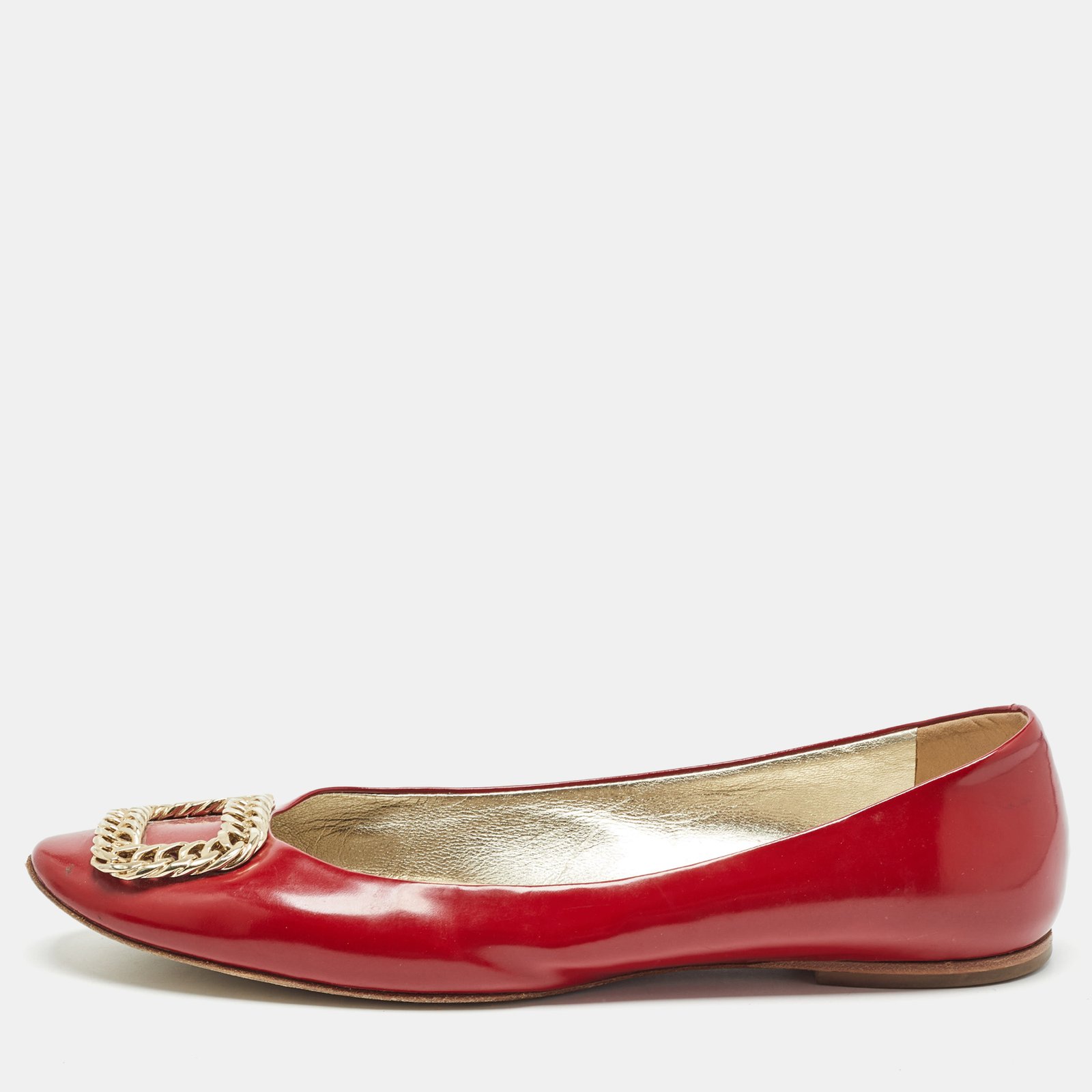 Roger Vivier Dark Red Patent Leather Chain Buckle Ballet Flats Size 40.5