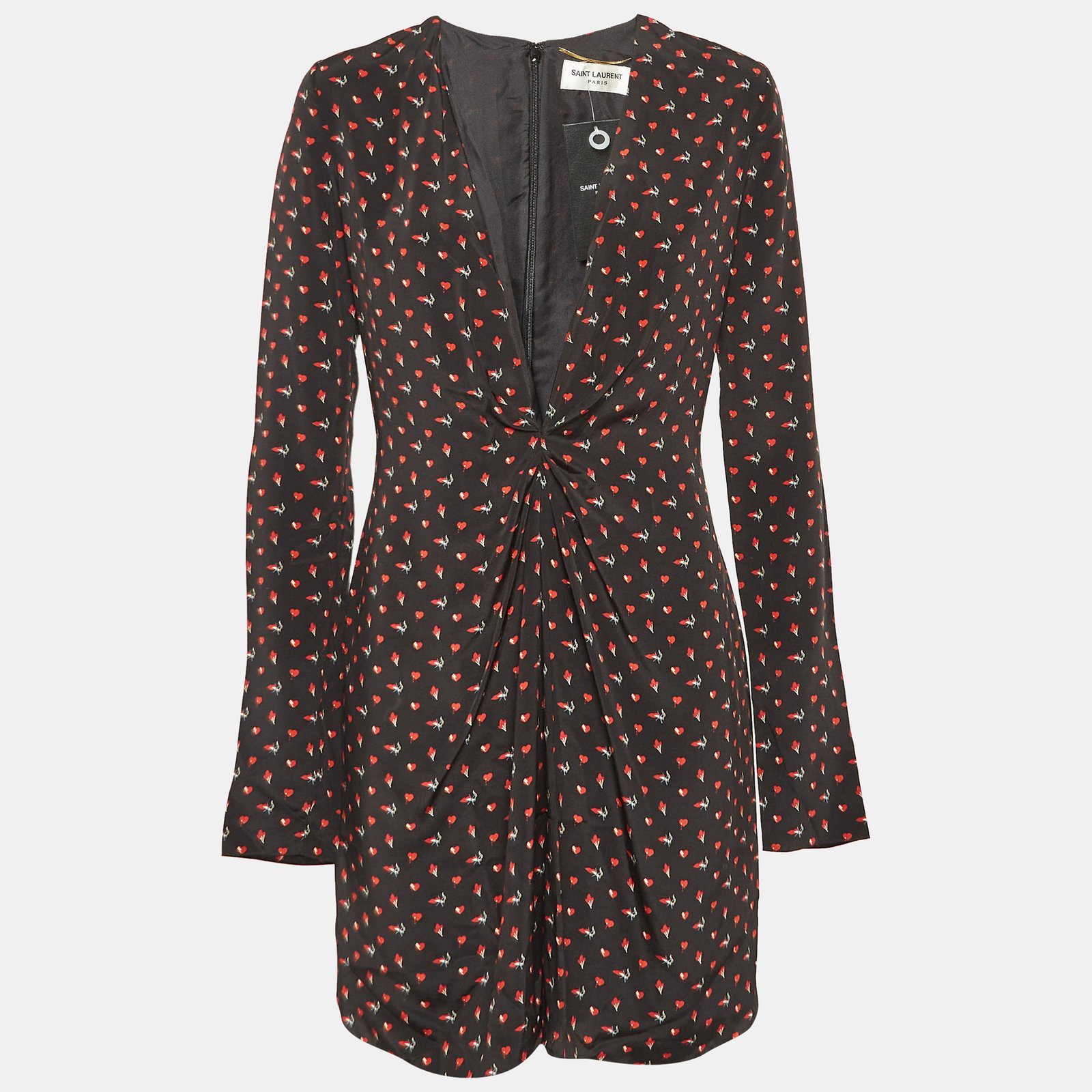 Saint Laurent Black Heart and Fire Print Silk V-Neck Mini Dress M