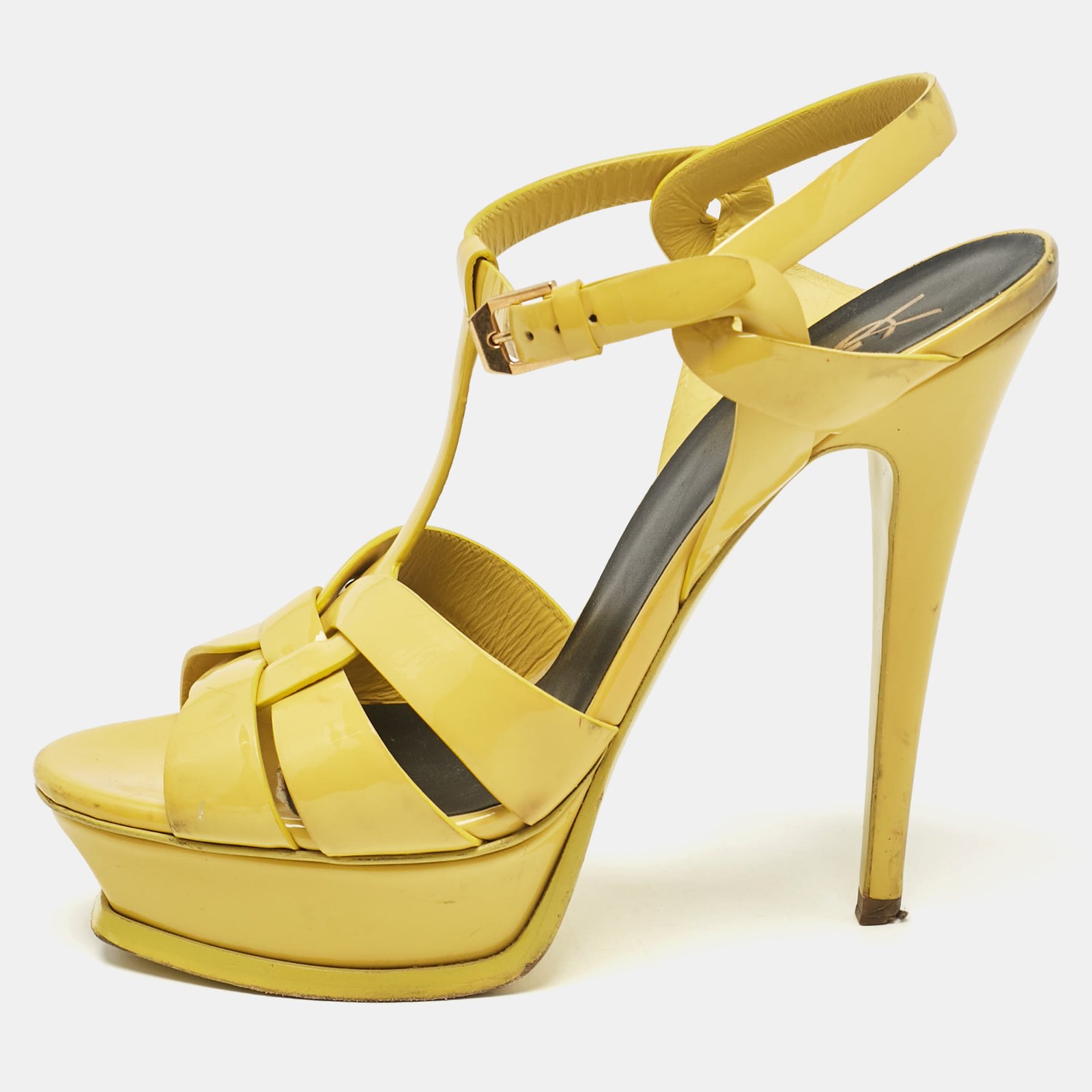Saint Laurent Yellow Patent Tribute Platform Sandals Size 38.5