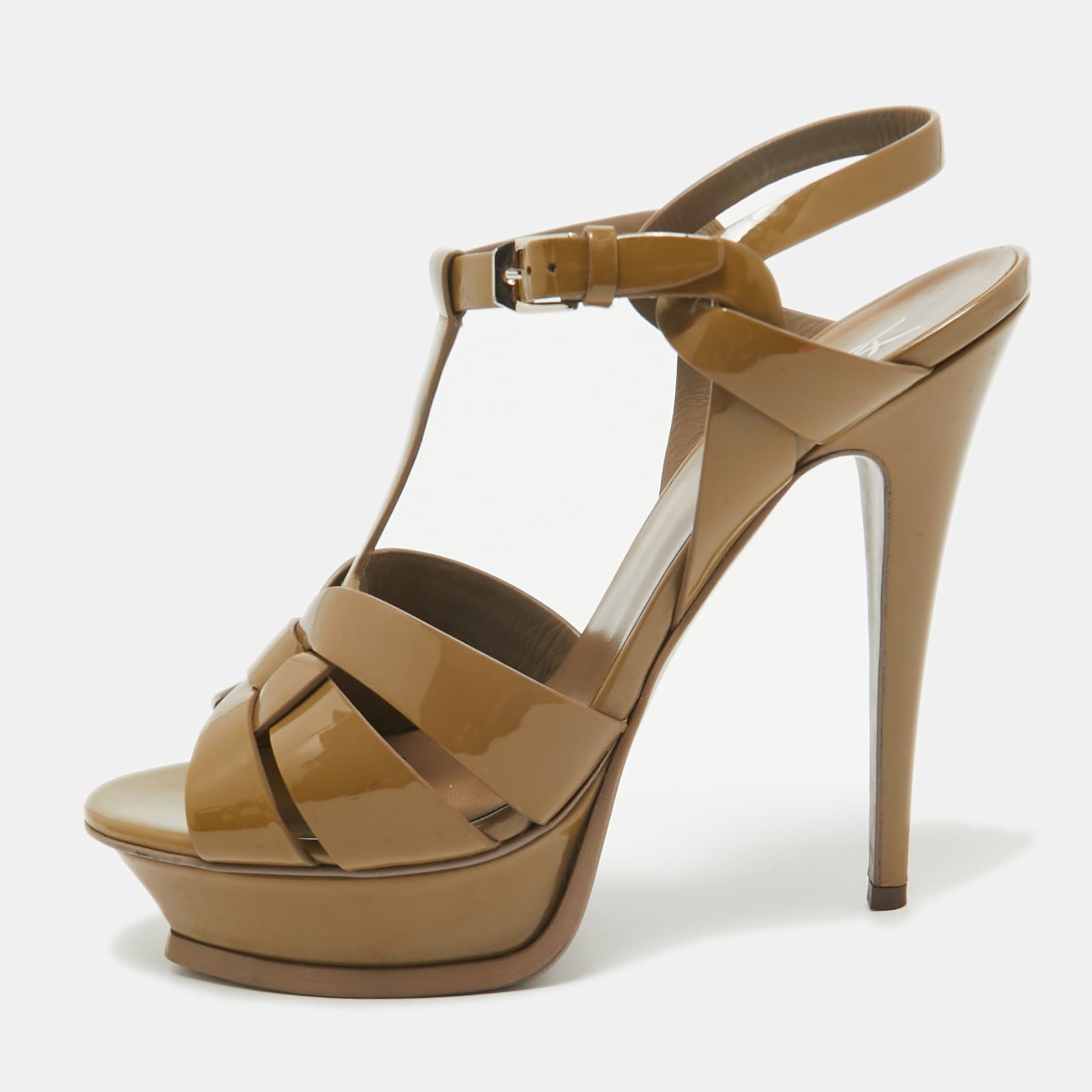 Saint Laurent Brown Patent Leather Tribute Sandals Size 39.5