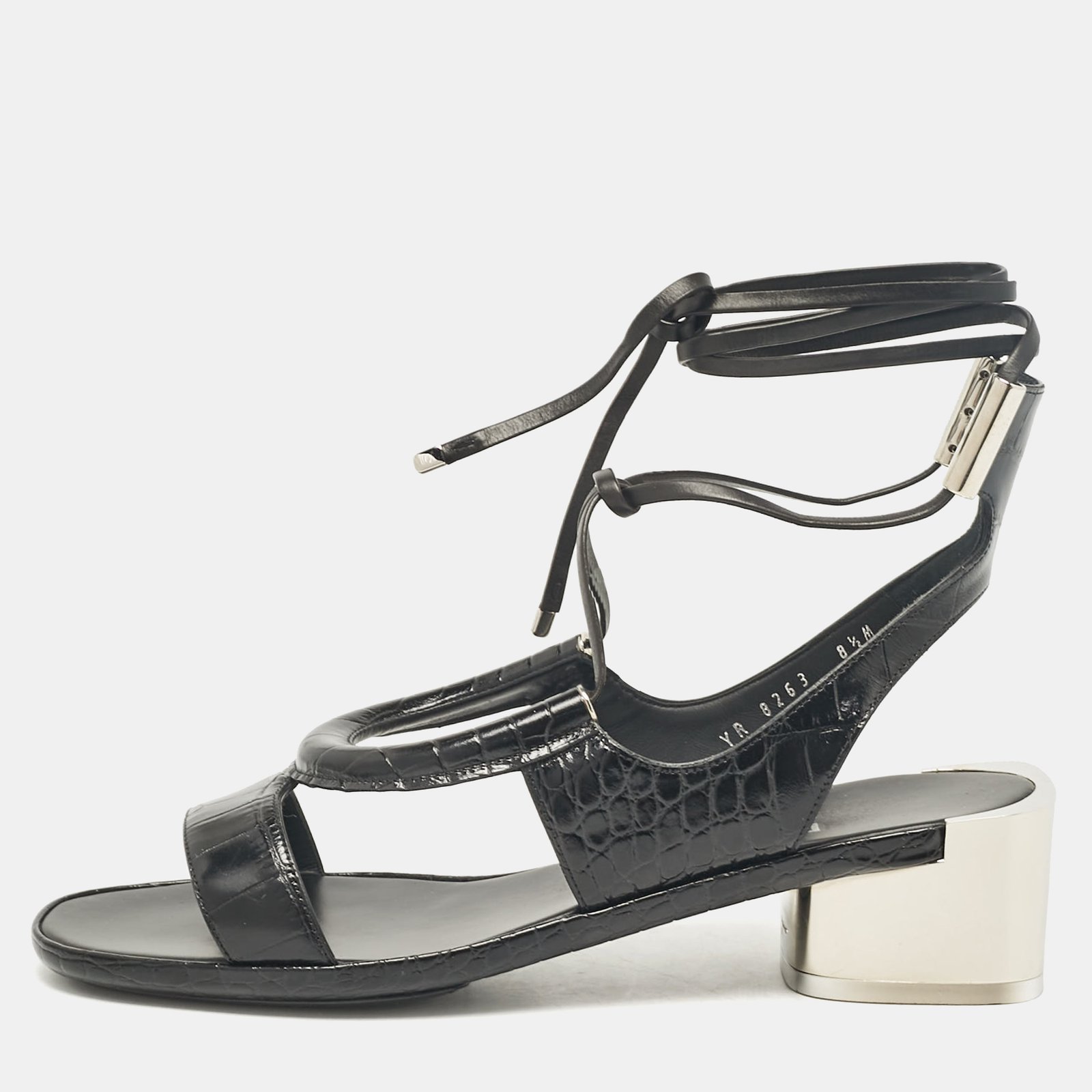 Salvatore Ferragamo Black Croc Embossed Leather Glorja Ankle Strap Sandals Size 39