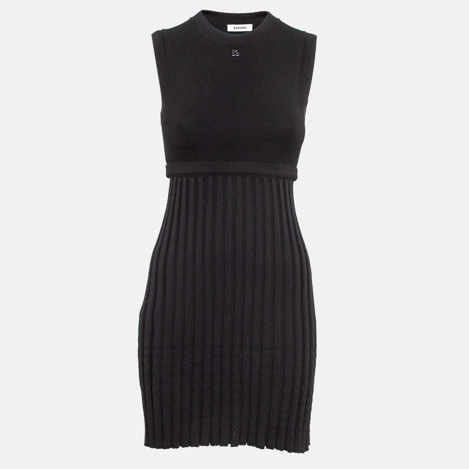 Sandro Black Stretch Knit Pleated Mini Dress XS