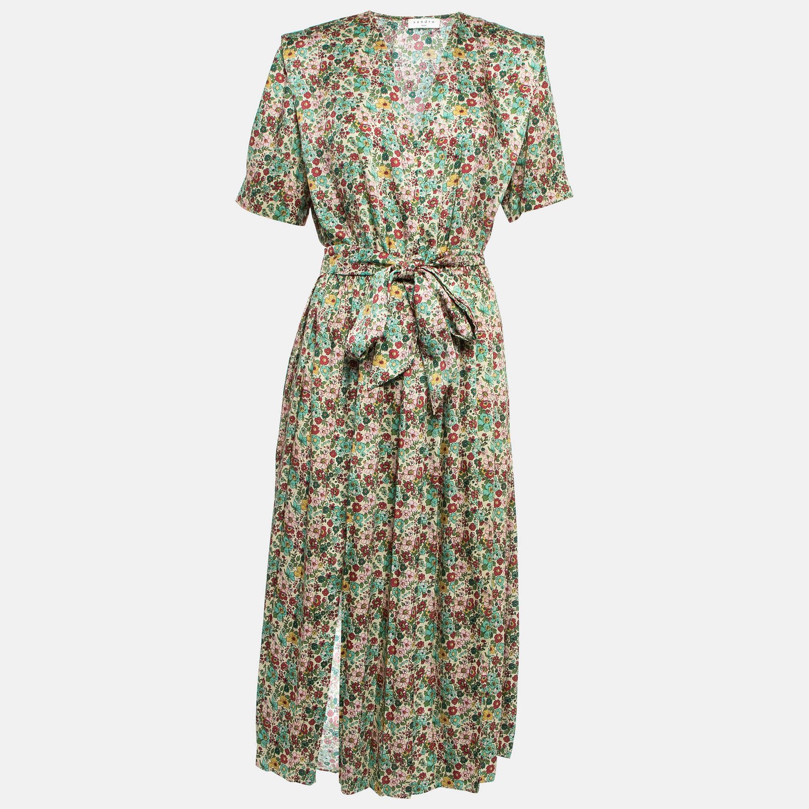 Sandro Multicolor Floral Print Crepe Fiona Midi Dress L