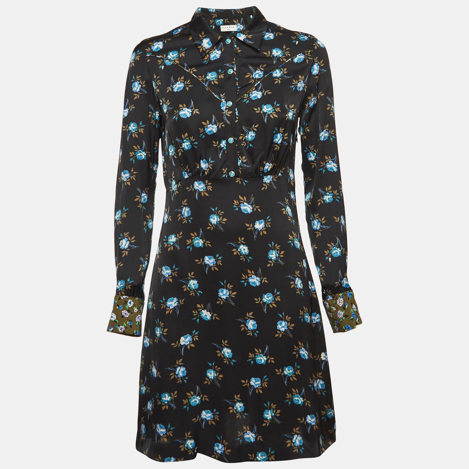 Sandro Black Floral Print Satin Short Dress S