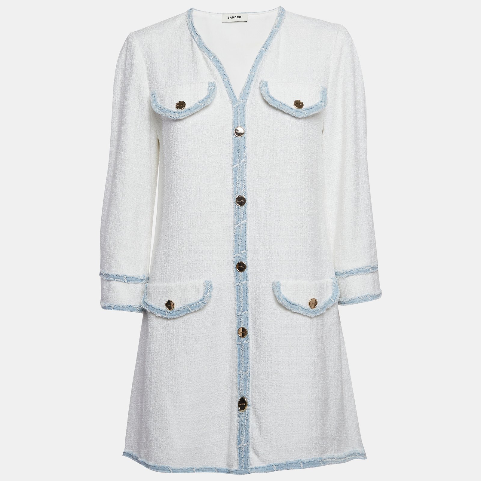 Sandro White Tweed V-Neck Short Dress M