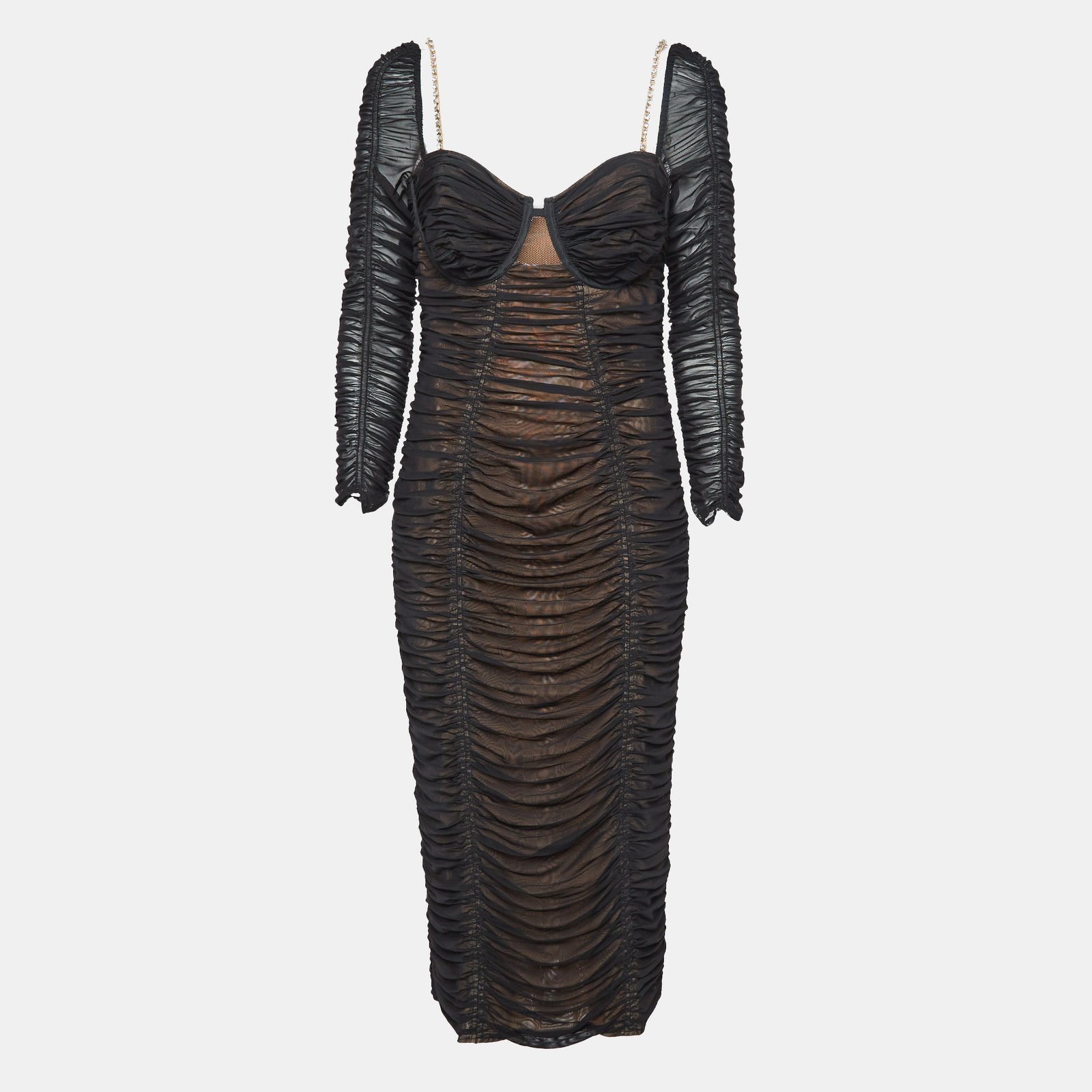 Self-Portrait Black Crystal-Embellished Strap Stretch Mesh Ruche Midi Dress L
