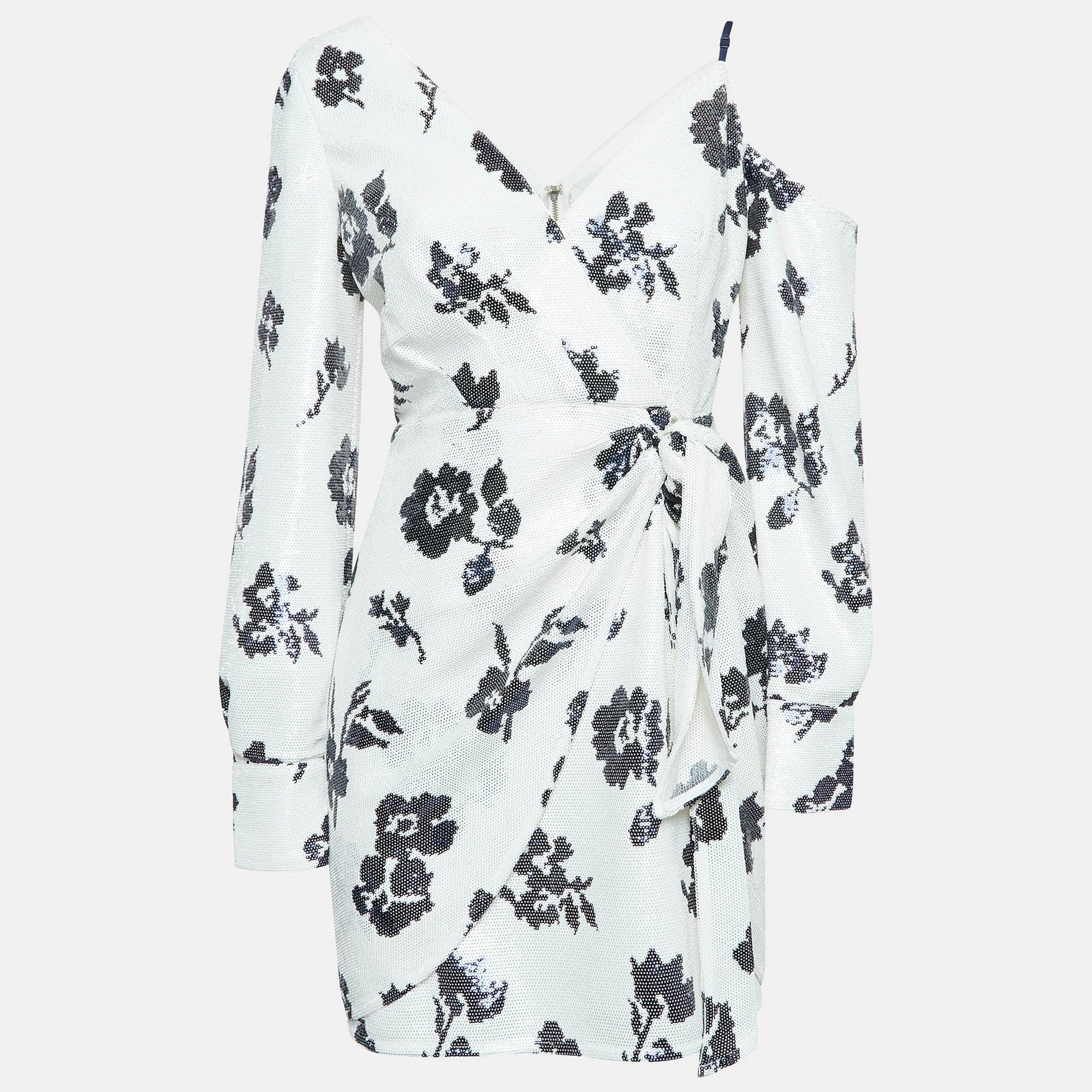 Self-Portrait White Floral Sequin One-Shoulder Mini Dress M