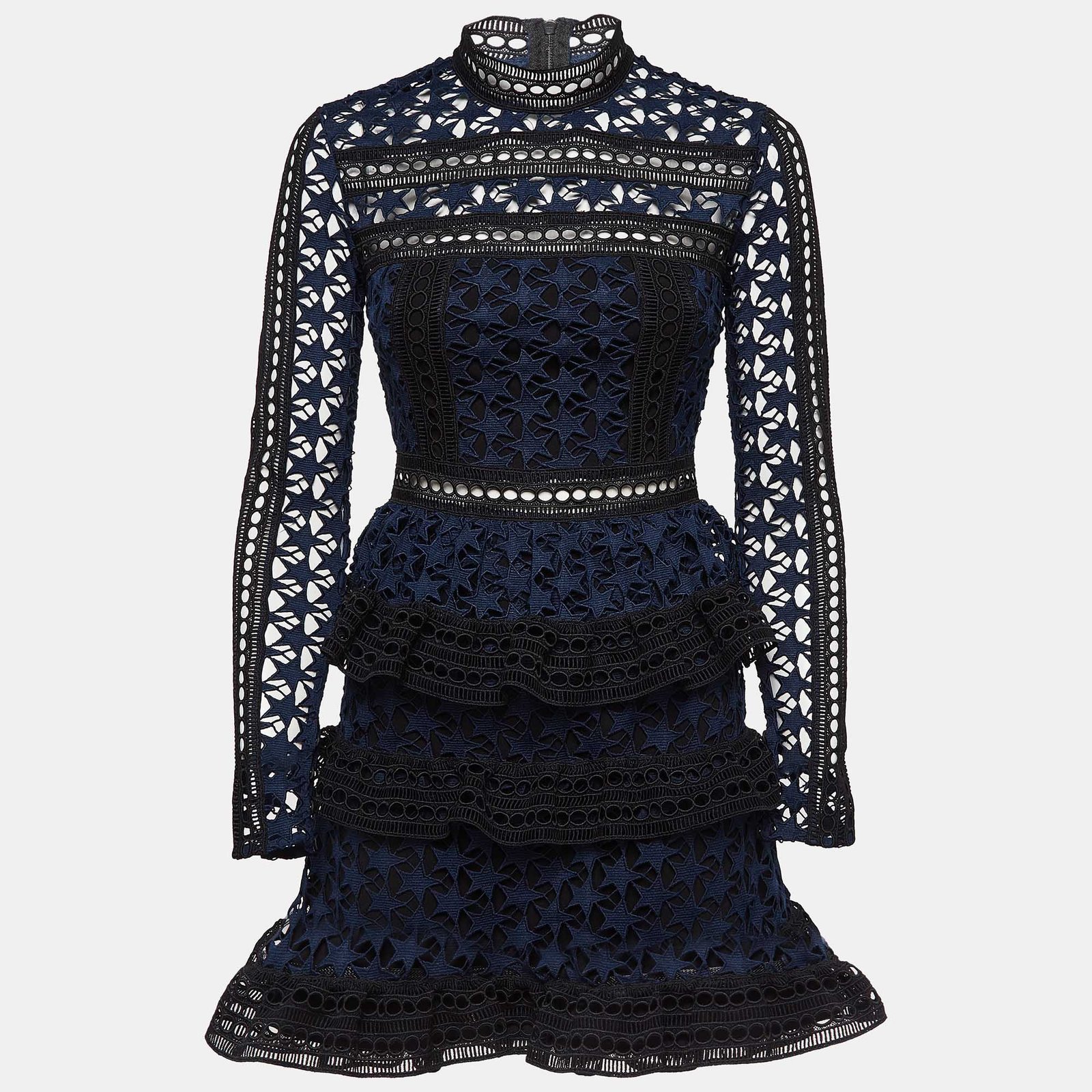 Self-Portrait Navy Blue Star Pattern Guipure Lace Ruffled Mini Dress S