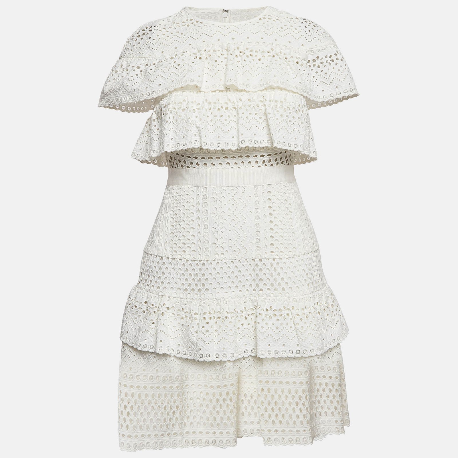 Self-Portrait White Broderie Anglaise Cotton Ruffled Mini Dress S
