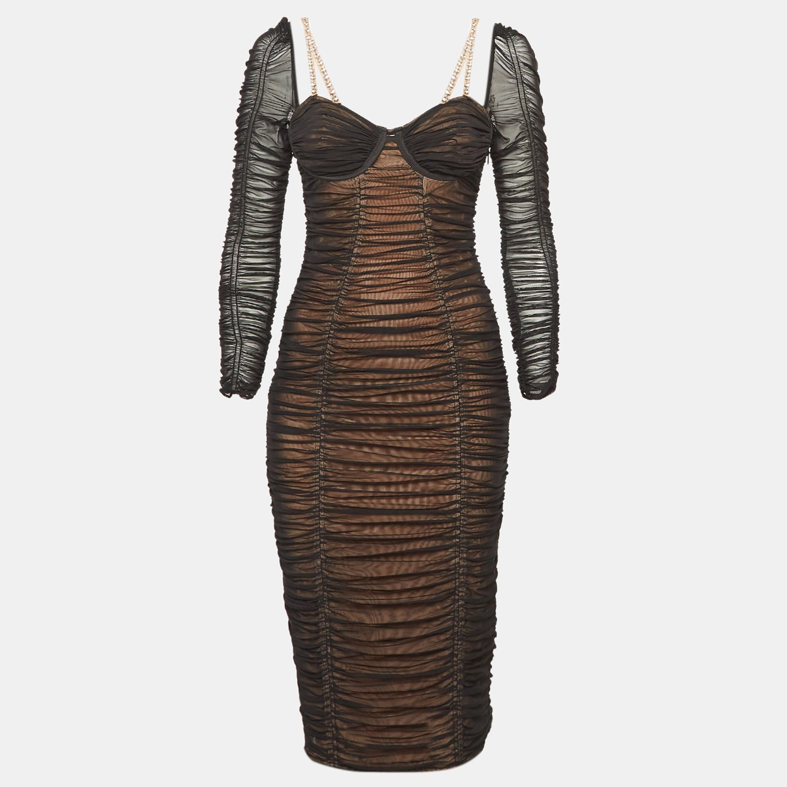 Self-Portrait Black Mesh Ruched Strap Detail Bodycon Dress S