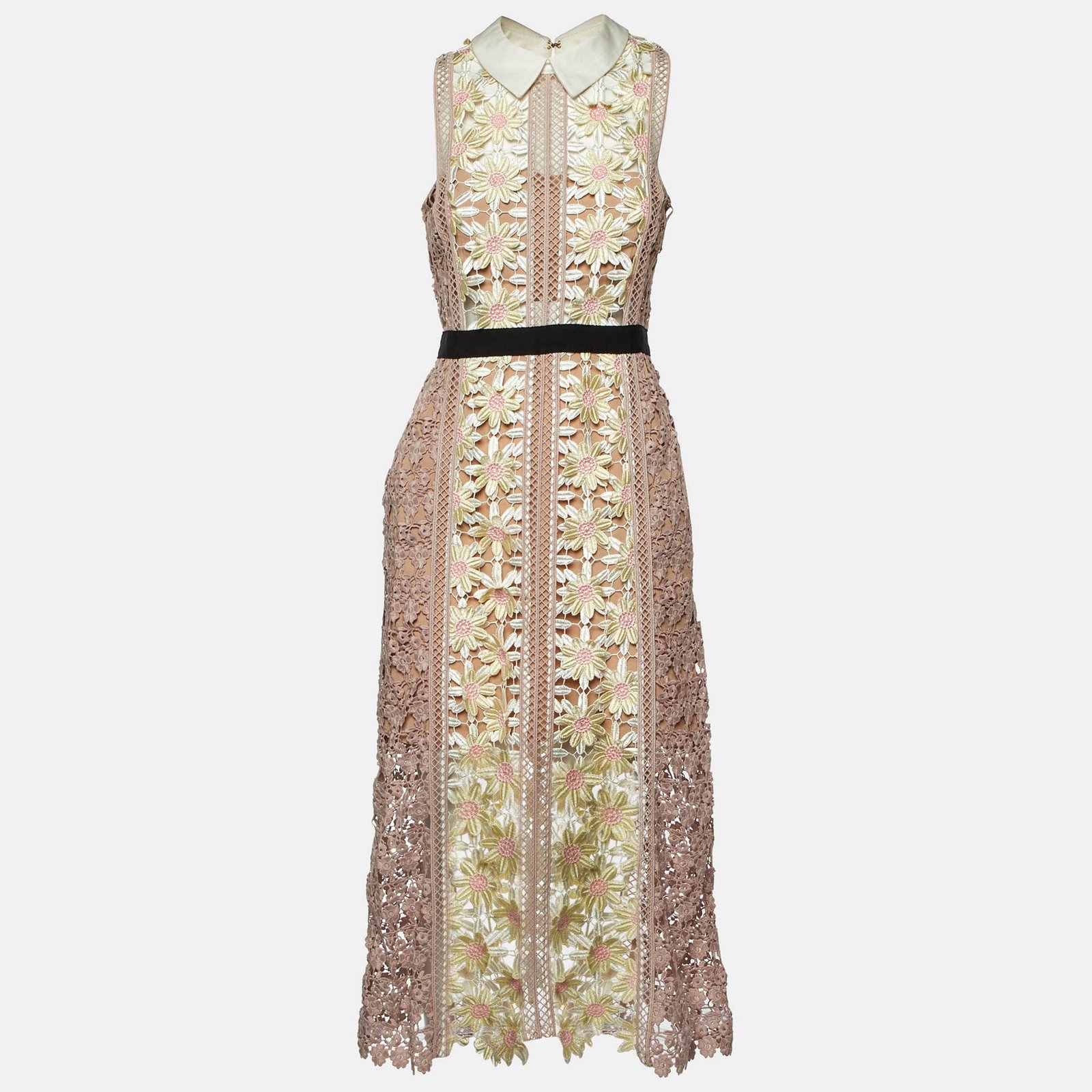 Self-Portrait Pink Floral Guipure Lace Paneled Midi Dress M