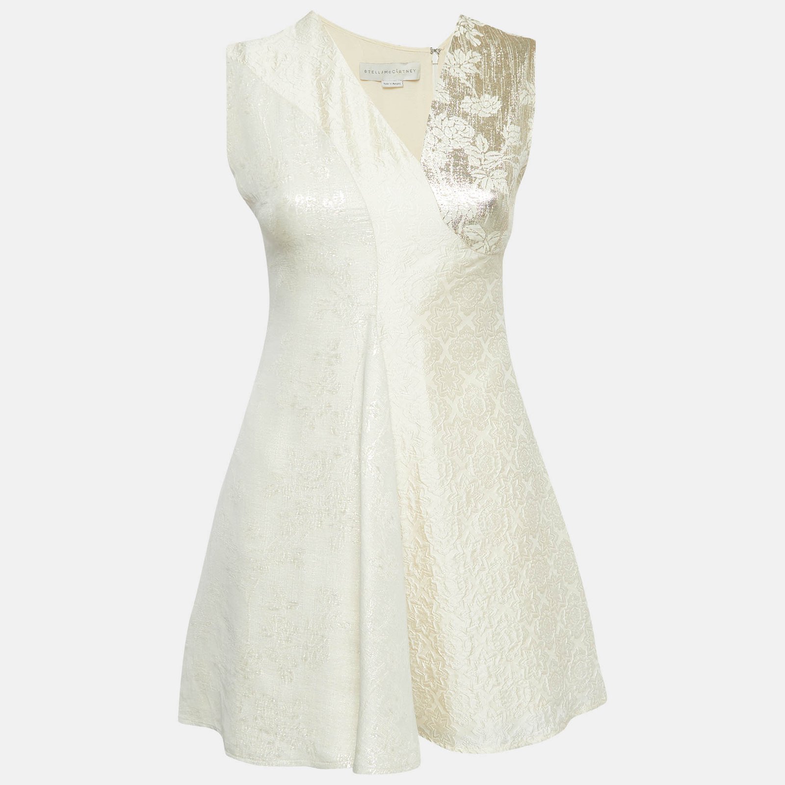 Stella McCartney Cream/Gold Lurex Silk Blend Brocade Sleeveless Mini Dress S