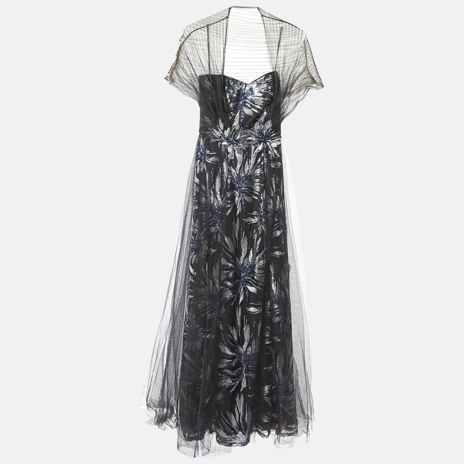 Tadashi Shoji Black Floral Sequined Tulle Draped Gown XS