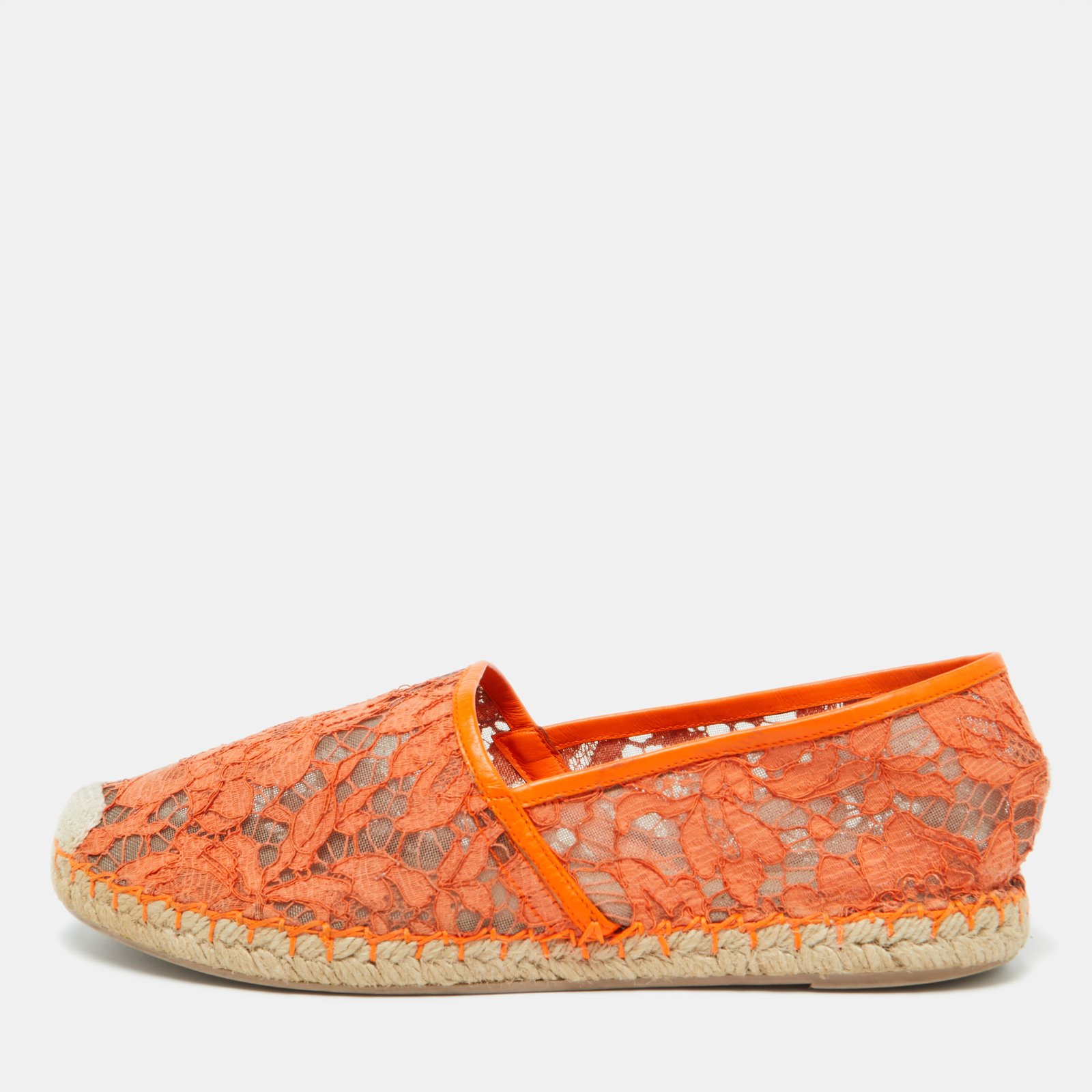 Valentino Orange Lace and Leather Espadrille Flats Size 39
