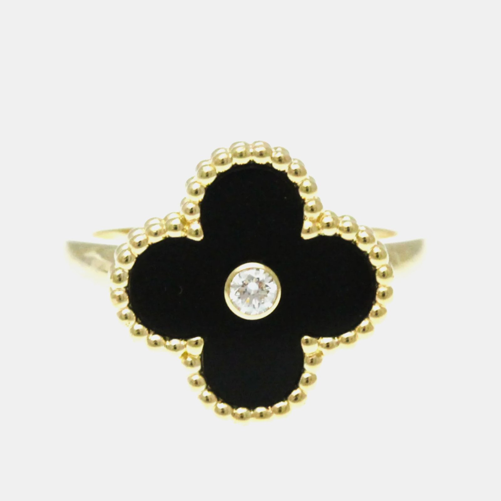 Van Cleef & Arpels 18K Yellow Gold, Diamond and Onyx Vintage Alhambra Ring EU 52