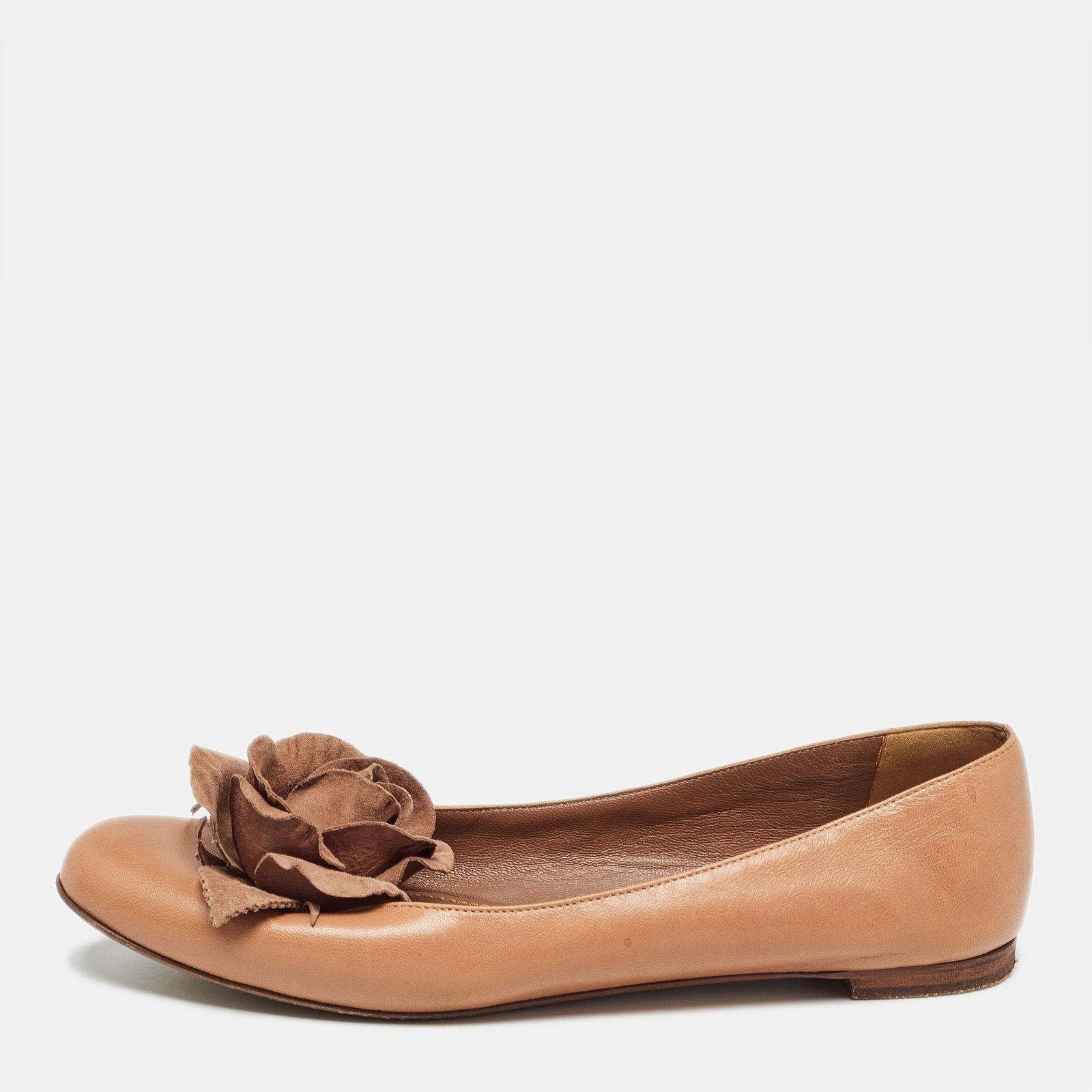 Yves Saint Laurent Brown Leather Rose Applique Ballet Flats Size 38.5