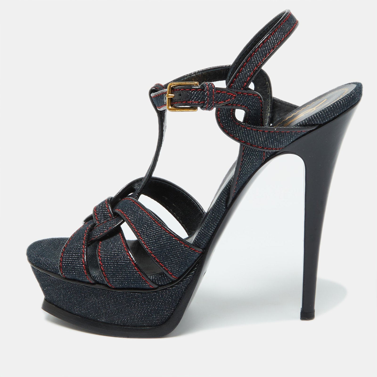Yves Saint Laurent Blue Denim and Leather Platform Sandals Size 38.5
