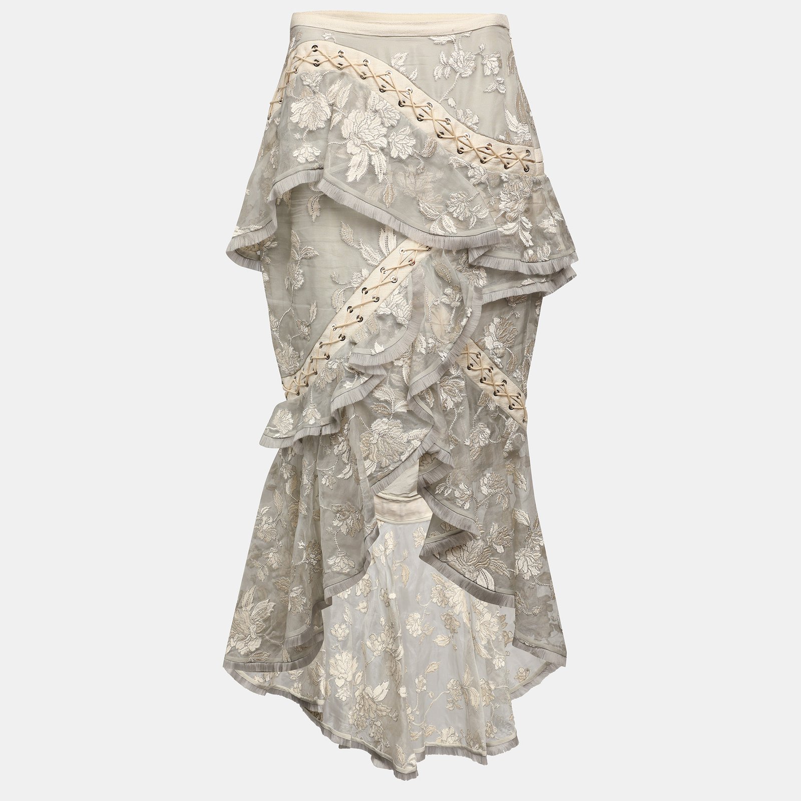 Zimmermann Grey Floral Embroidered Silk Maxi Skirt M
