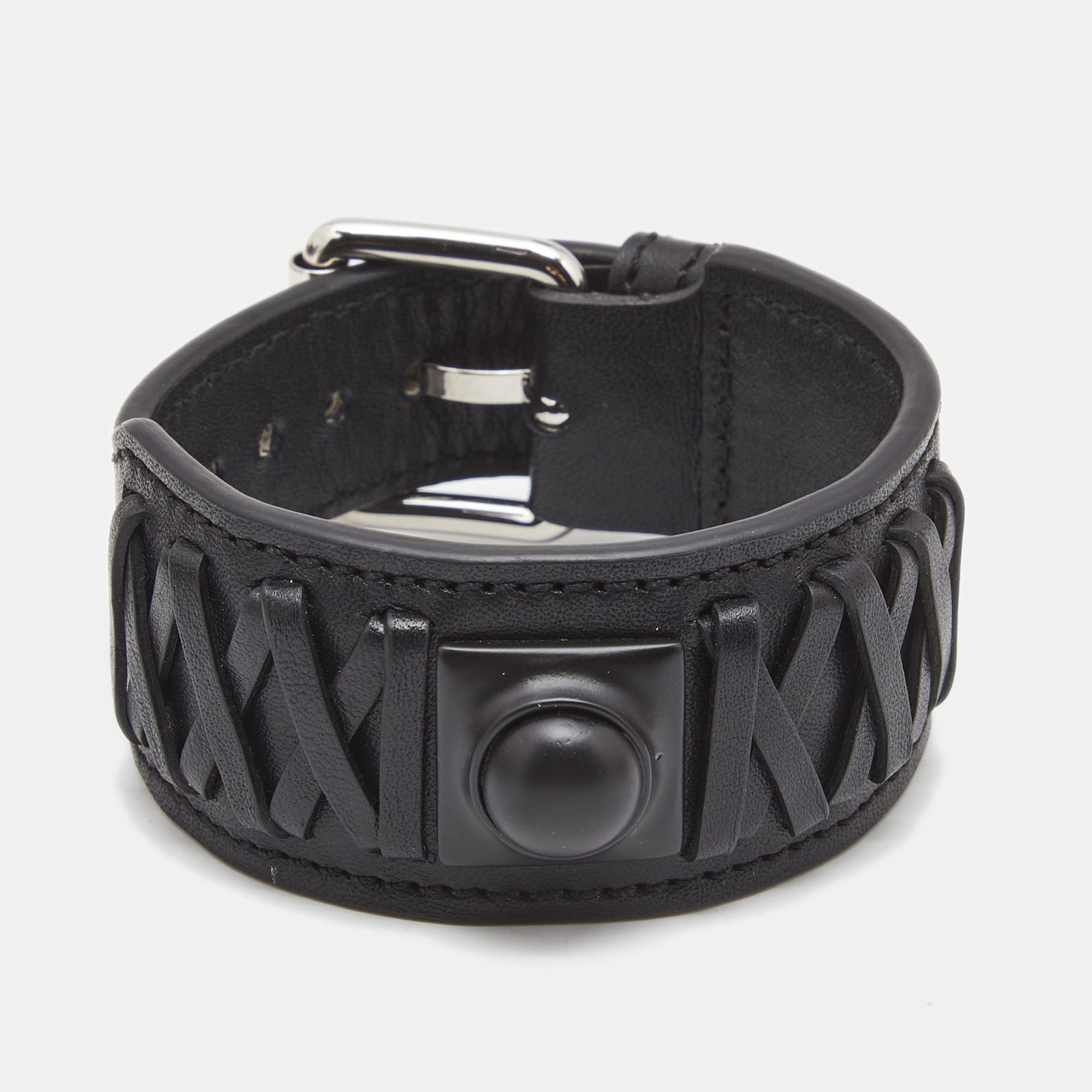 Etro Black Crown Me Leather Plastic Silver Tone  Wrap Bracelet
