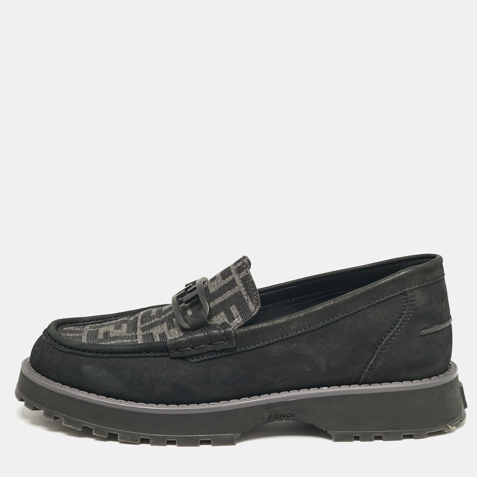 Fendi Black FF Canvas and Jacquard O'Lock Loafers Size 43