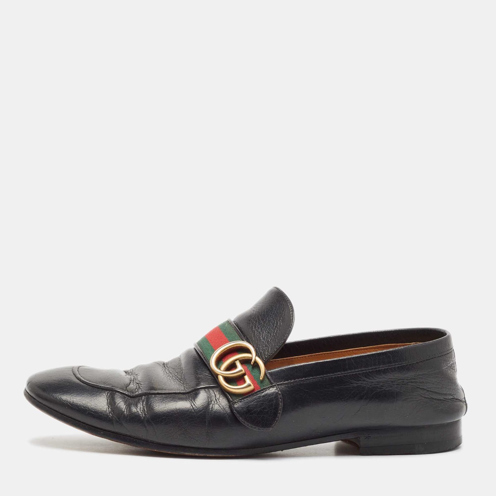 Gucci Black Leather GG Marmont Loafers Size 44